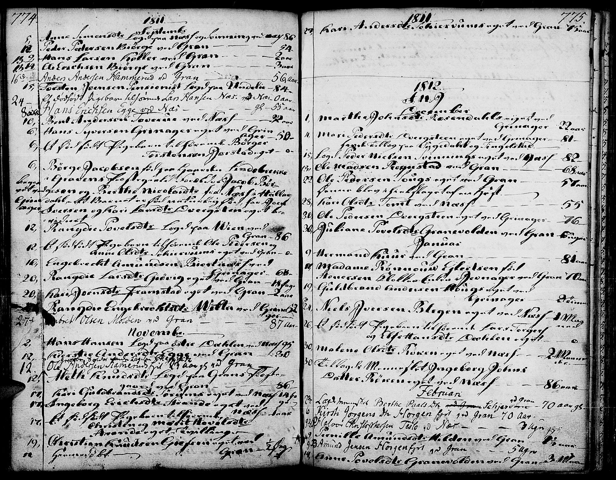Gran prestekontor, SAH/PREST-112/H/Ha/Haa/L0006: Parish register (official) no. 6, 1787-1824, p. 774-775