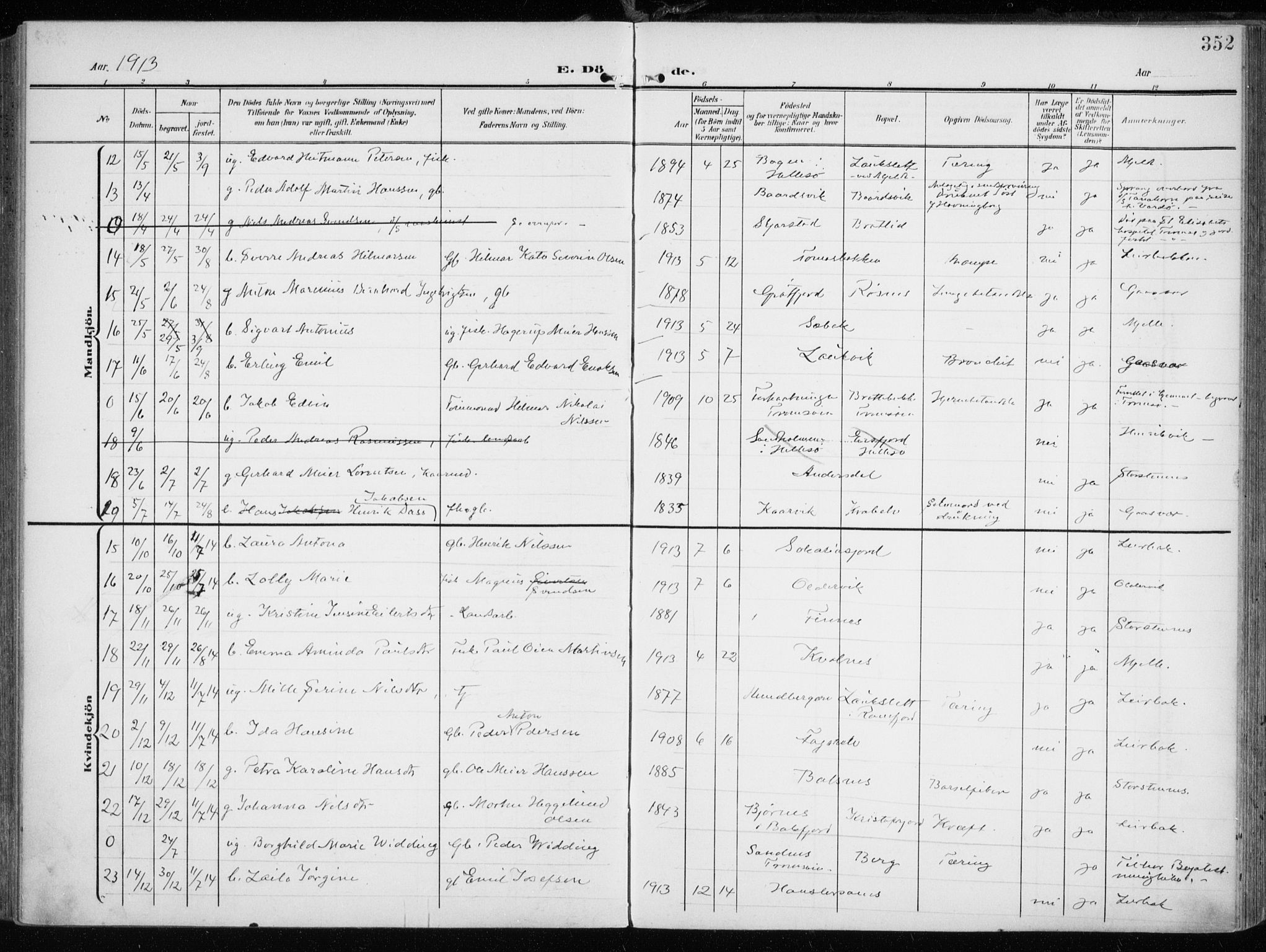 Tromsøysund sokneprestkontor, AV/SATØ-S-1304/G/Ga/L0007kirke: Parish register (official) no. 7, 1907-1914, p. 352