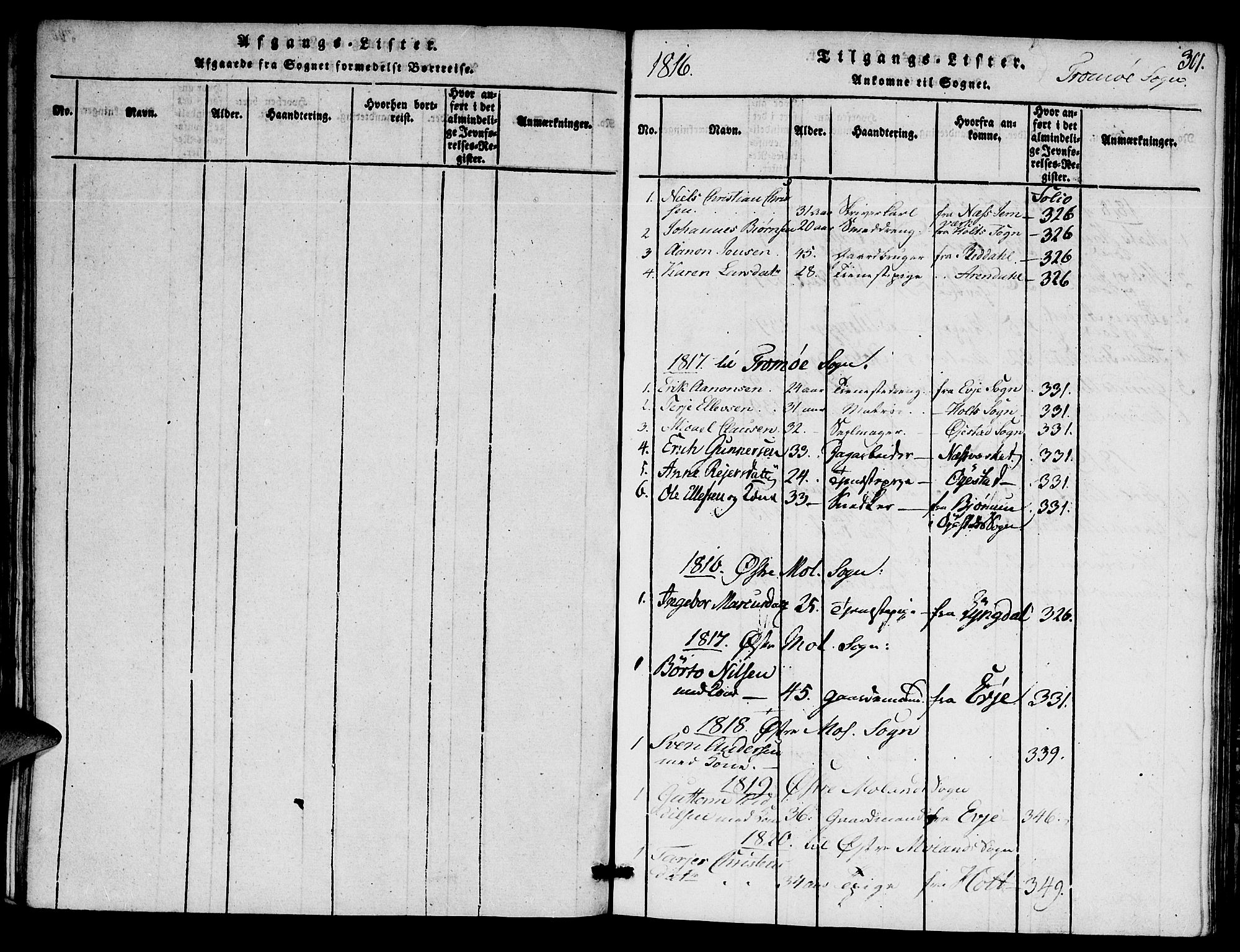 Austre Moland sokneprestkontor, SAK/1111-0001/F/Fa/Faa/L0004: Parish register (official) no. A 4, 1816-1824, p. 301