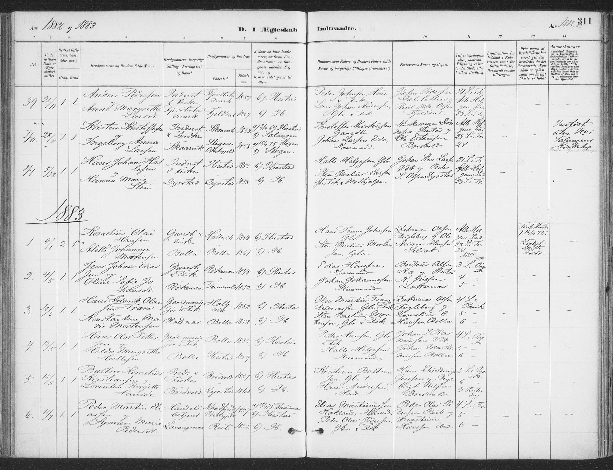 Ibestad sokneprestembete, SATØ/S-0077/H/Ha/Haa/L0011kirke: Parish register (official) no. 11, 1880-1889, p. 311