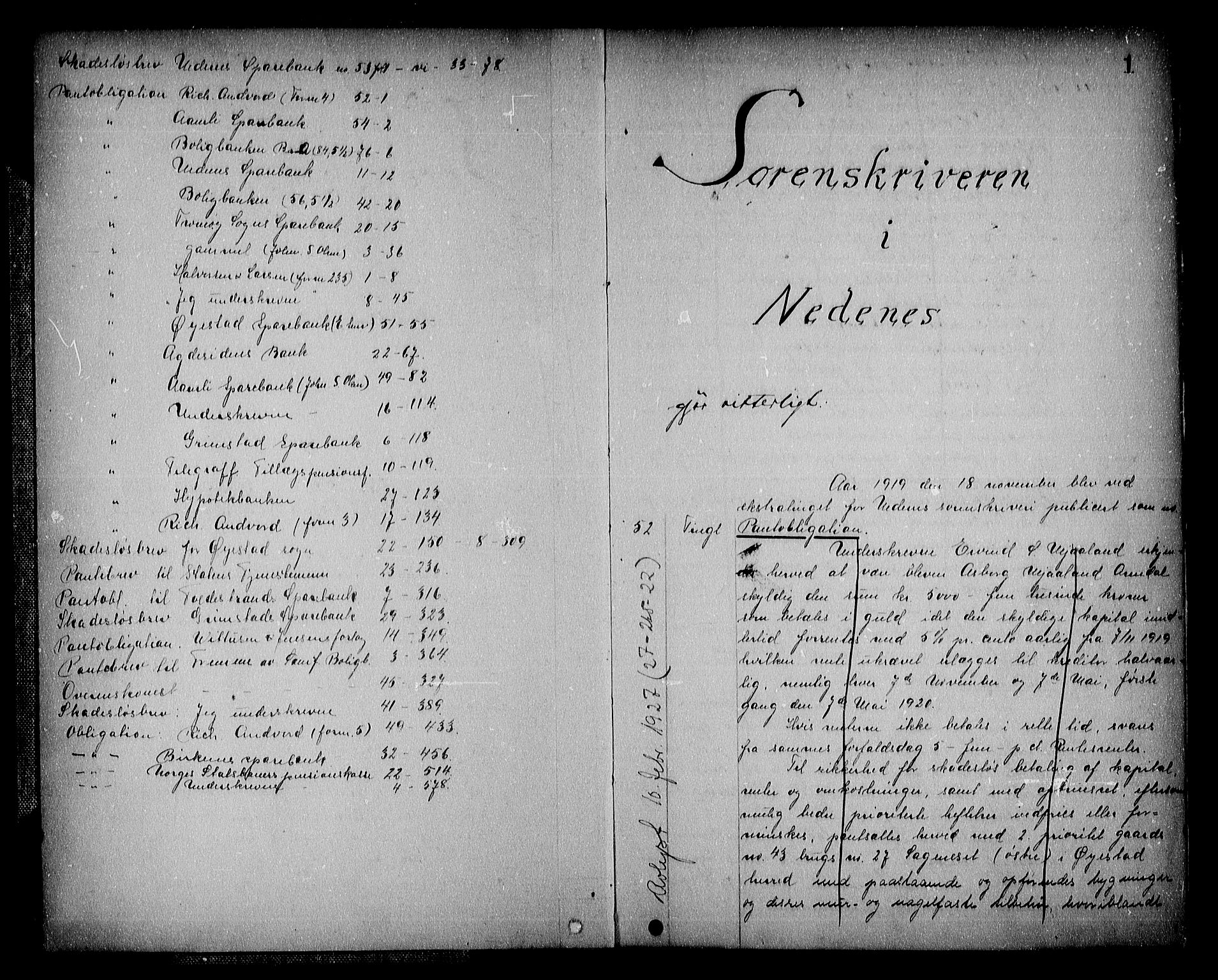 Nedenes sorenskriveri, AV/SAK-1221-0006/G/Gb/Gba/L0027: Mortgage book no. 24a, 1919-1920, p. 1