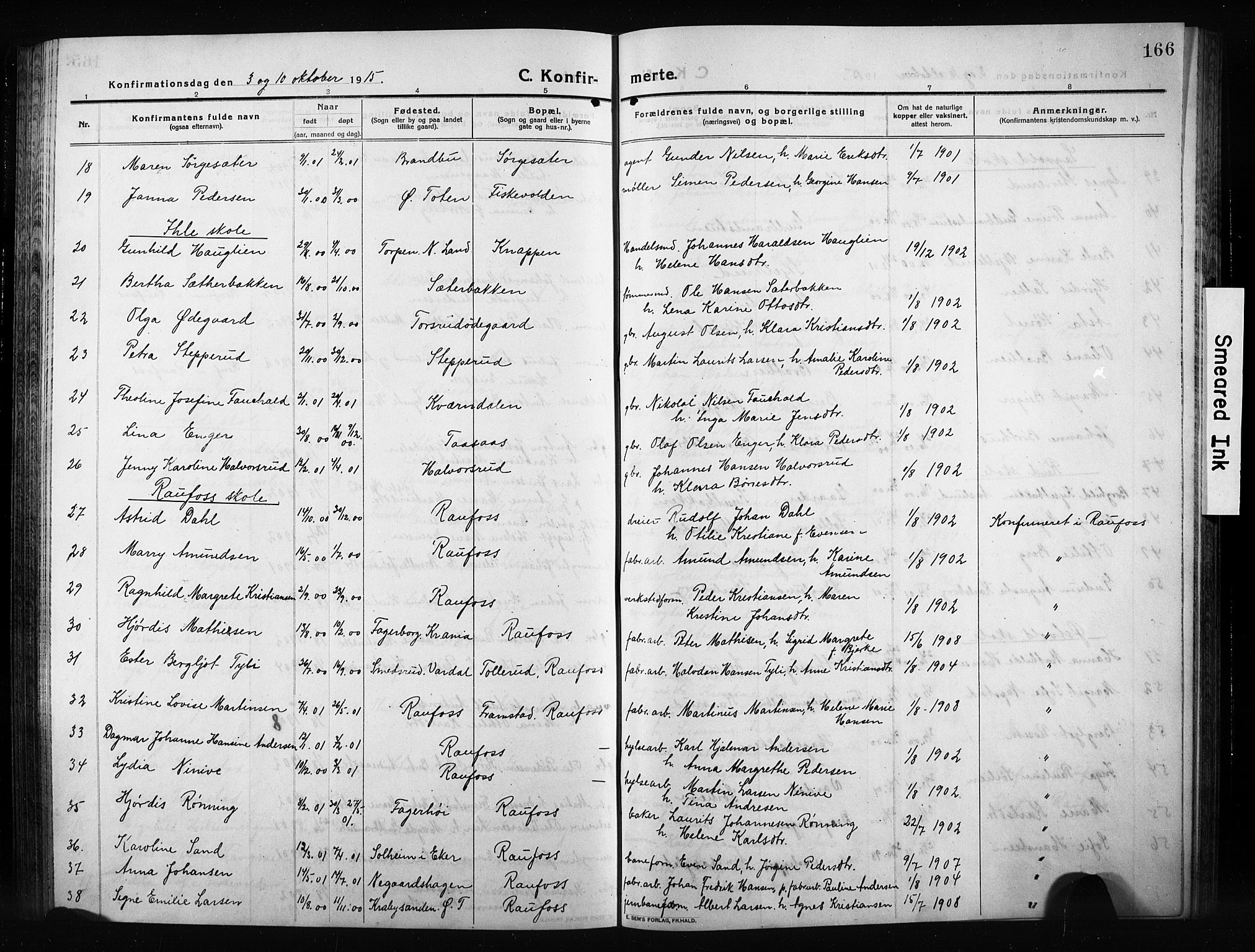 Vestre Toten prestekontor, AV/SAH-PREST-108/H/Ha/Hab/L0012: Parish register (copy) no. 12, 1909-1928, p. 166