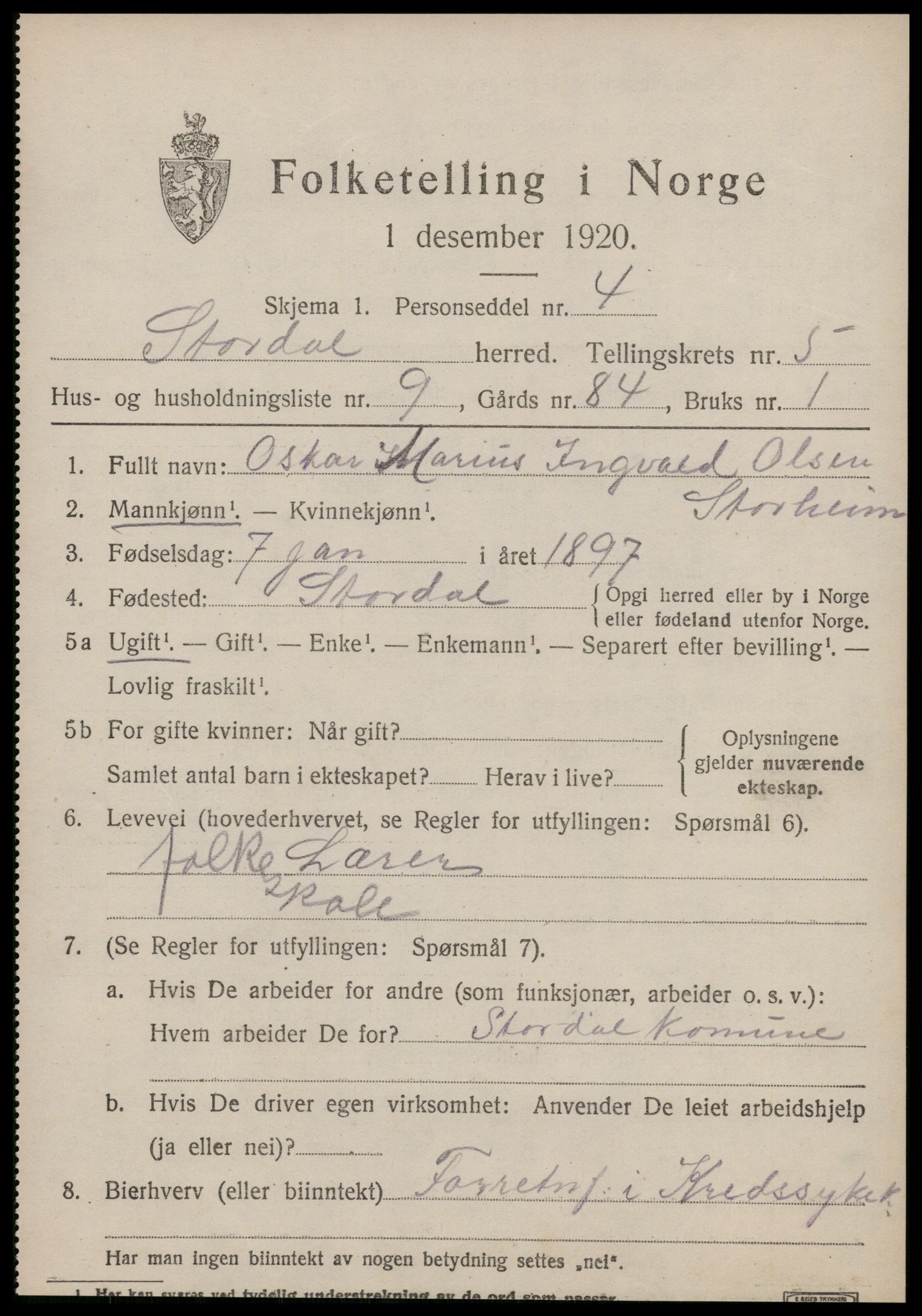 SAT, 1920 census for Stordal, 1920, p. 1642