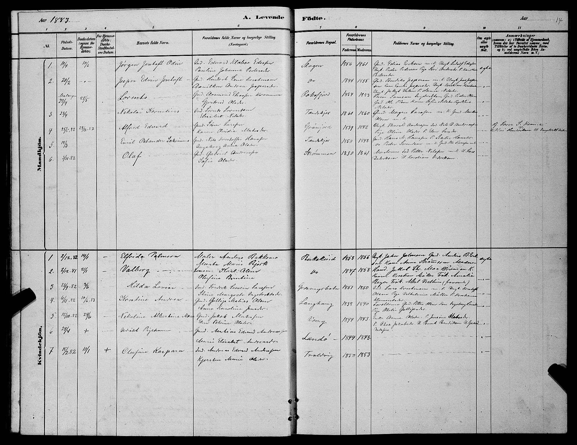 Lenvik sokneprestembete, SATØ/S-1310/H/Ha/Hab/L0006klokker: Parish register (copy) no. 6, 1881-1889, p. 14