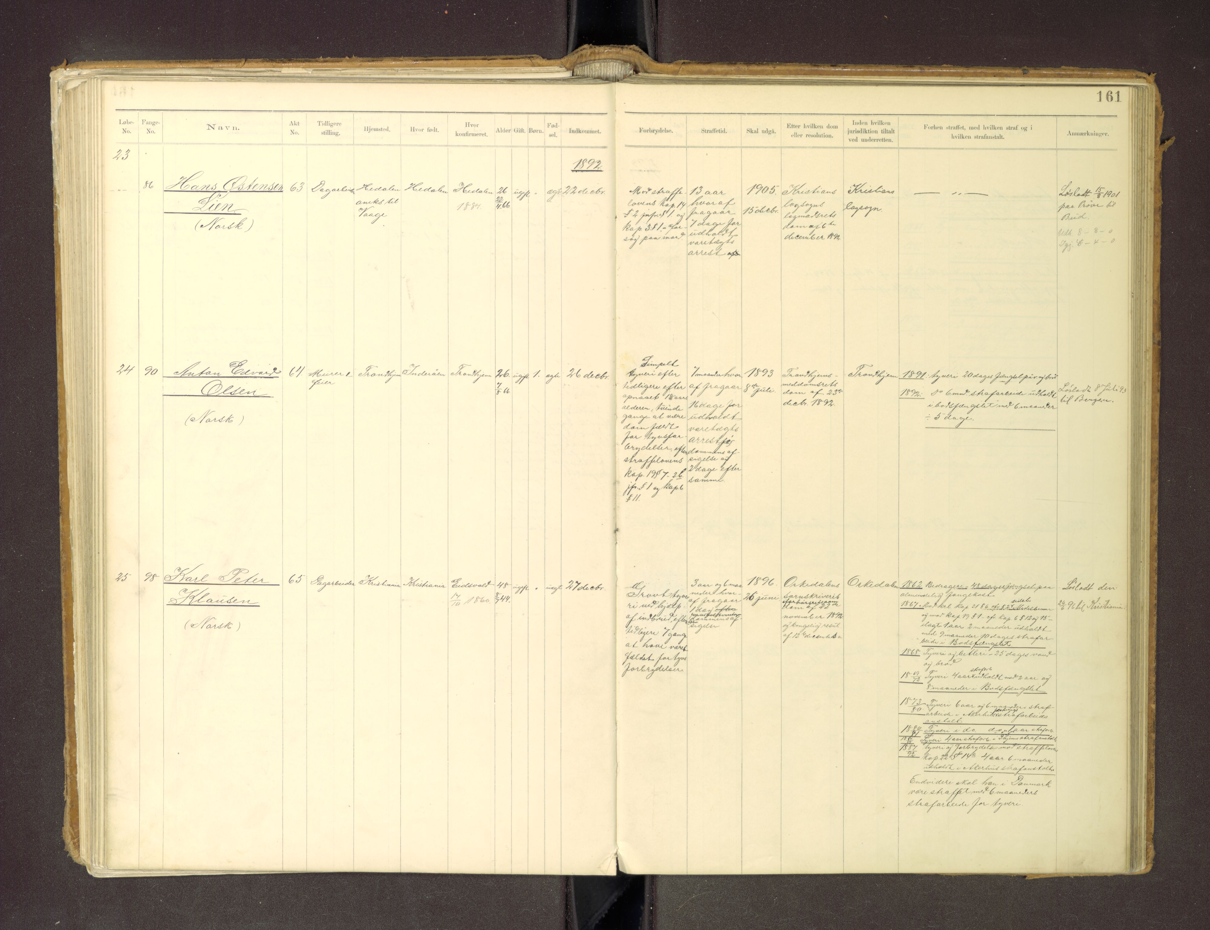 Trondheim tukthus, SAT/A-4619/05/65/L0036: 65.36 Fangeprotokoll m/reg, 1885-1898, p. 161