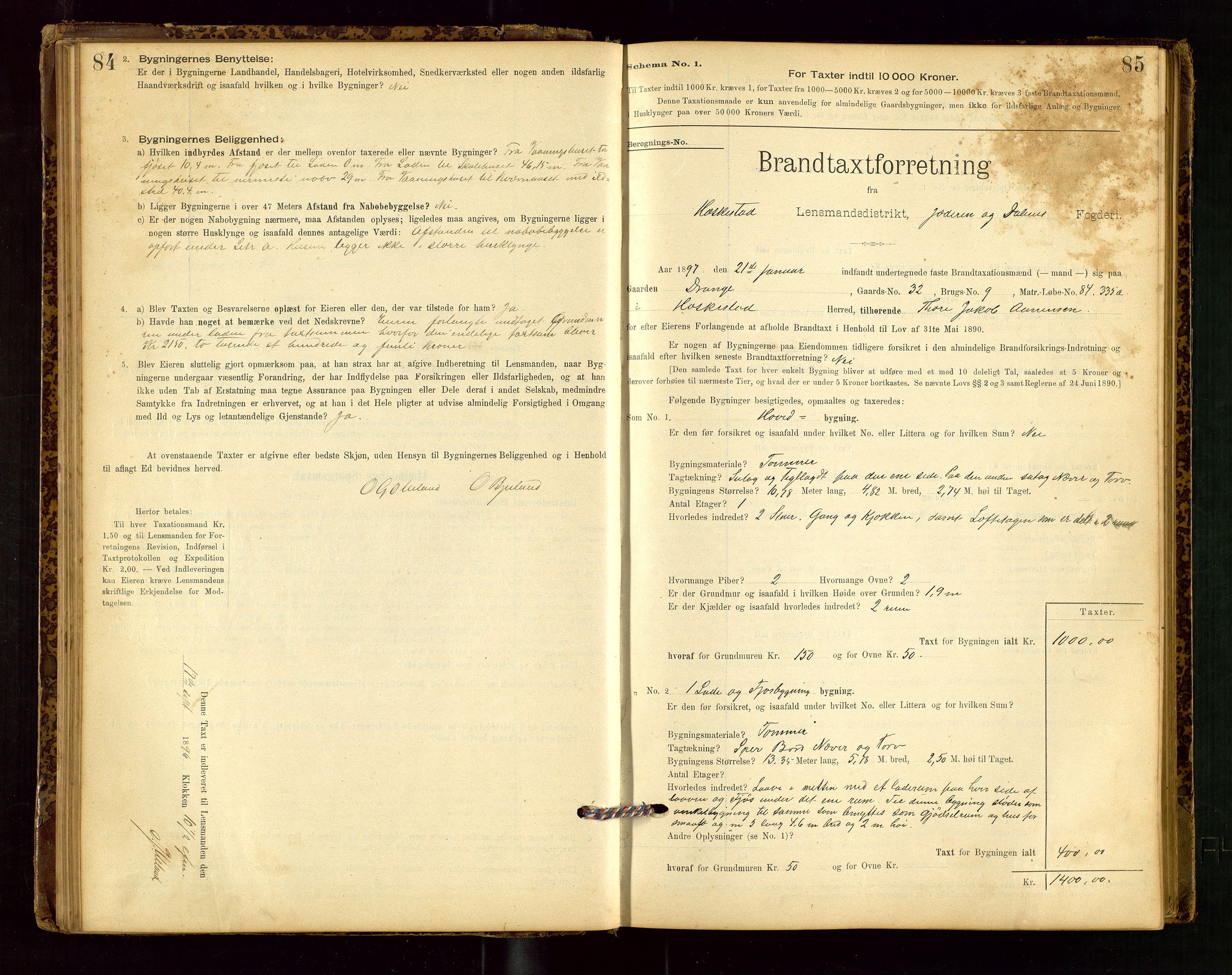 Heskestad lensmannskontor, SAST/A-100304/Gob/L0001: "Brandtaxationsprotokol", 1894-1915, p. 84-85