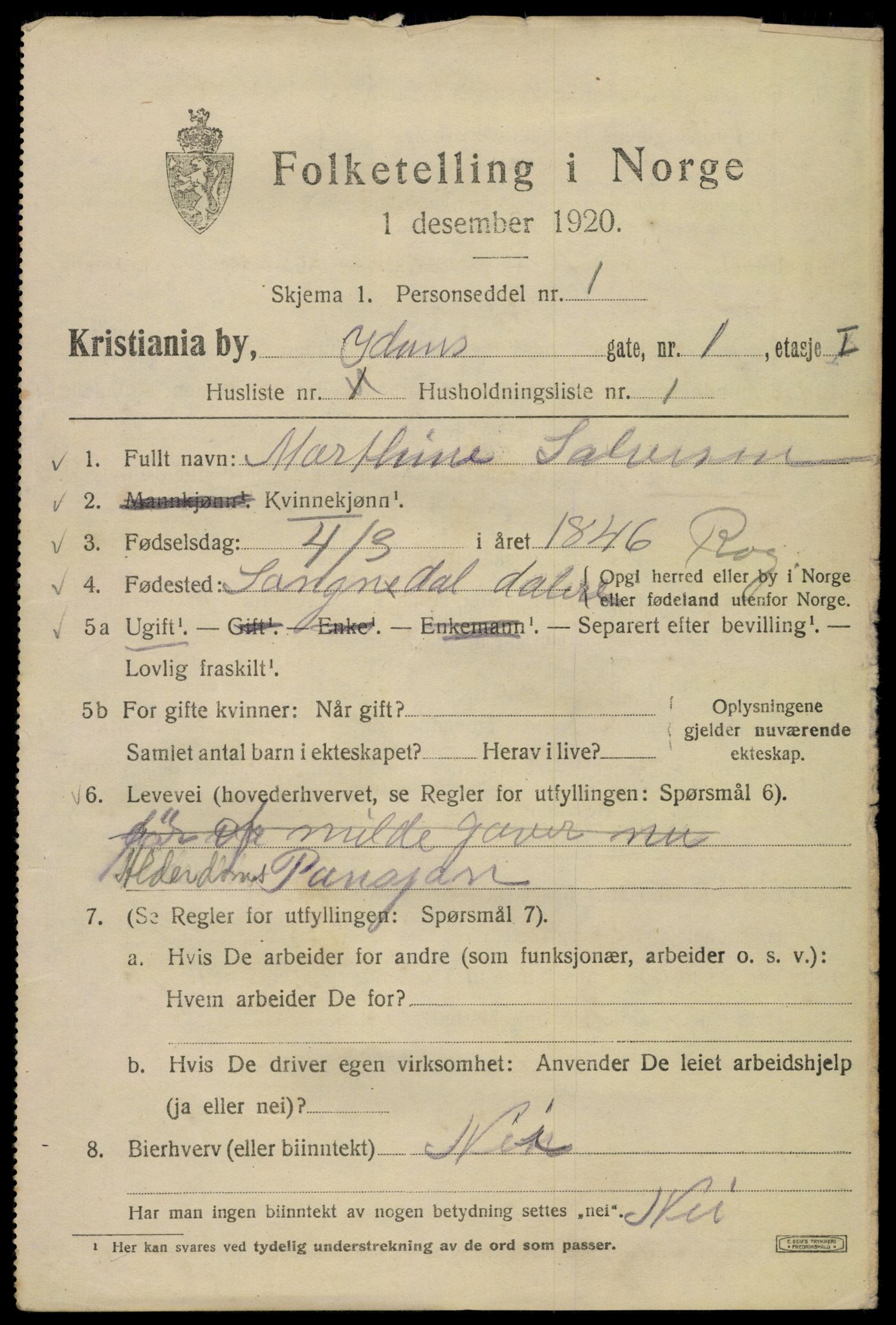 SAO, 1920 census for Kristiania, 1920, p. 306083