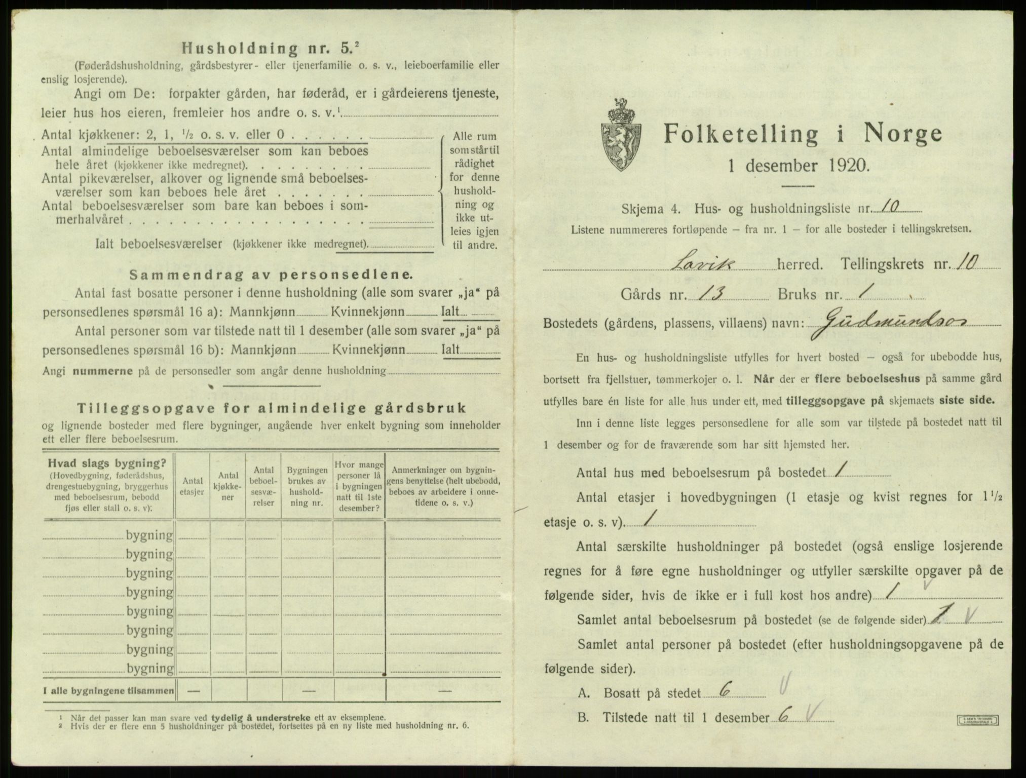 SAB, 1920 census for Lavik, 1920, p. 376