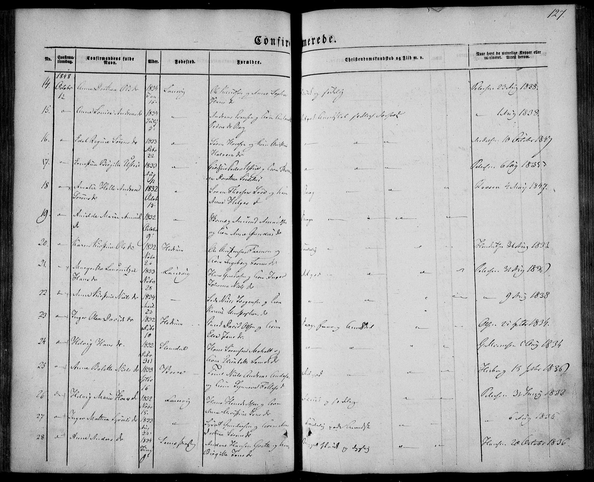 Larvik kirkebøker, AV/SAKO-A-352/F/Fa/L0003: Parish register (official) no. I 3, 1848-1856, p. 127