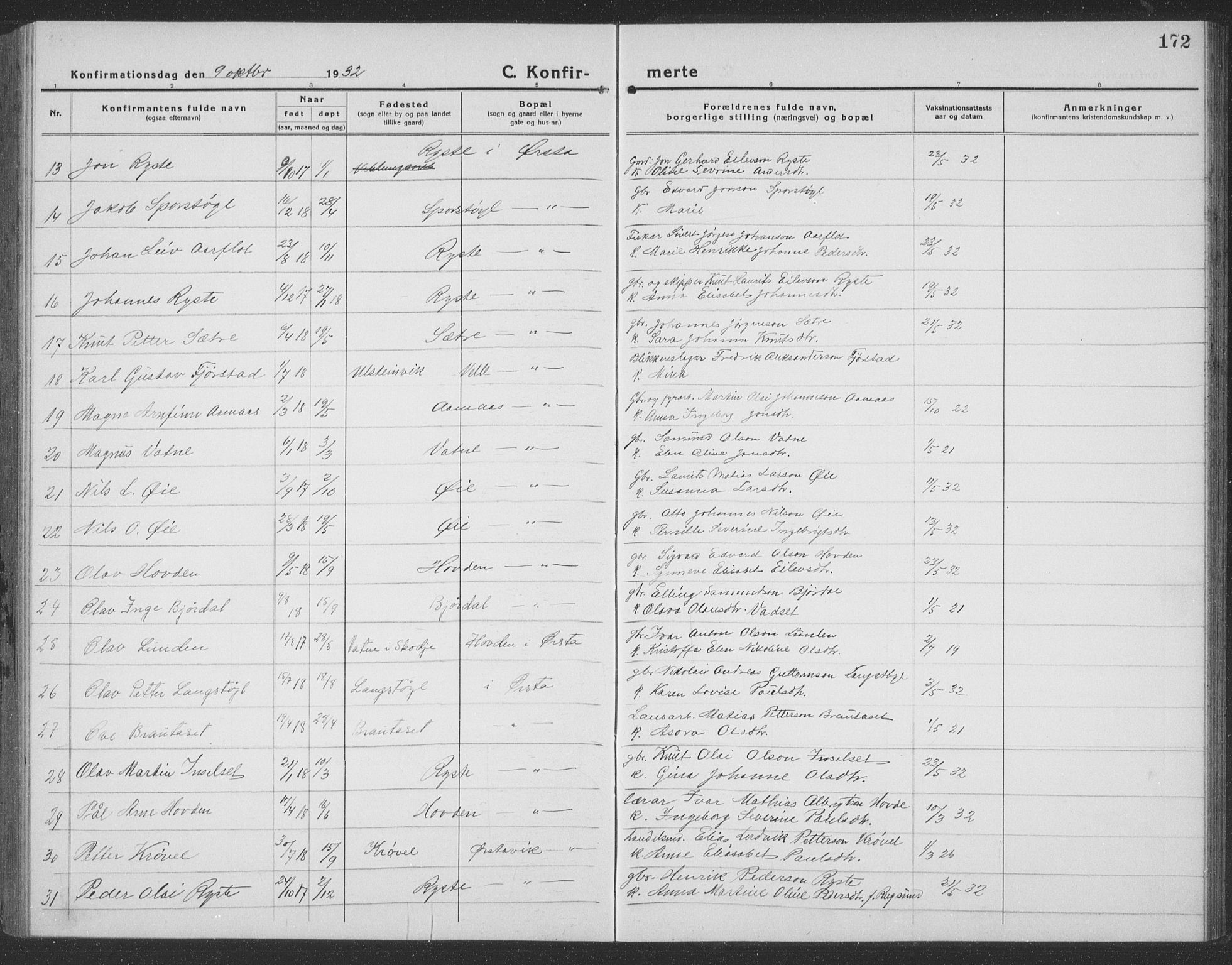 Ministerialprotokoller, klokkerbøker og fødselsregistre - Møre og Romsdal, AV/SAT-A-1454/513/L0191: Parish register (copy) no. 513C05, 1920-1941, p. 172