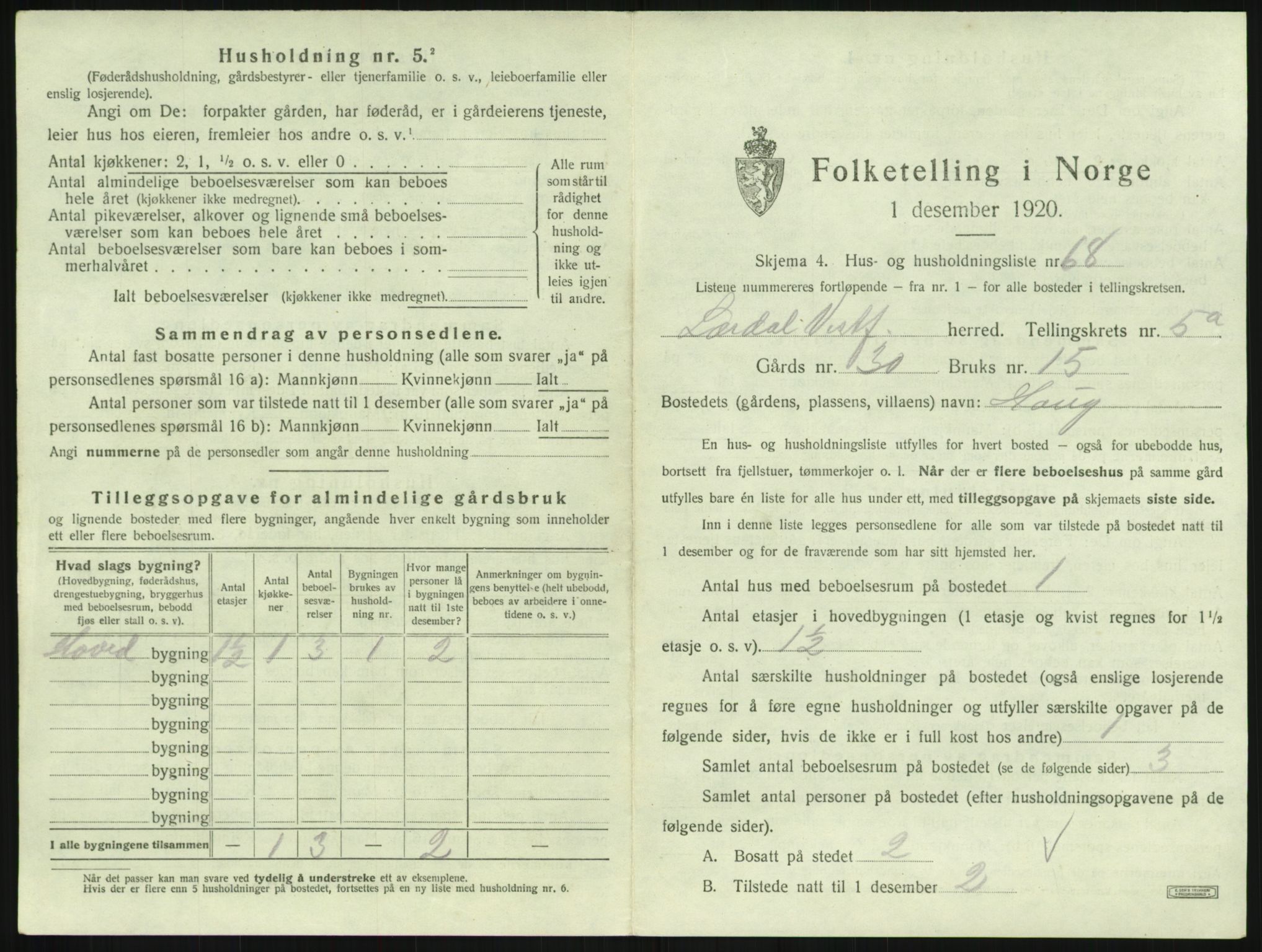 SAKO, 1920 census for Lardal, 1920, p. 815