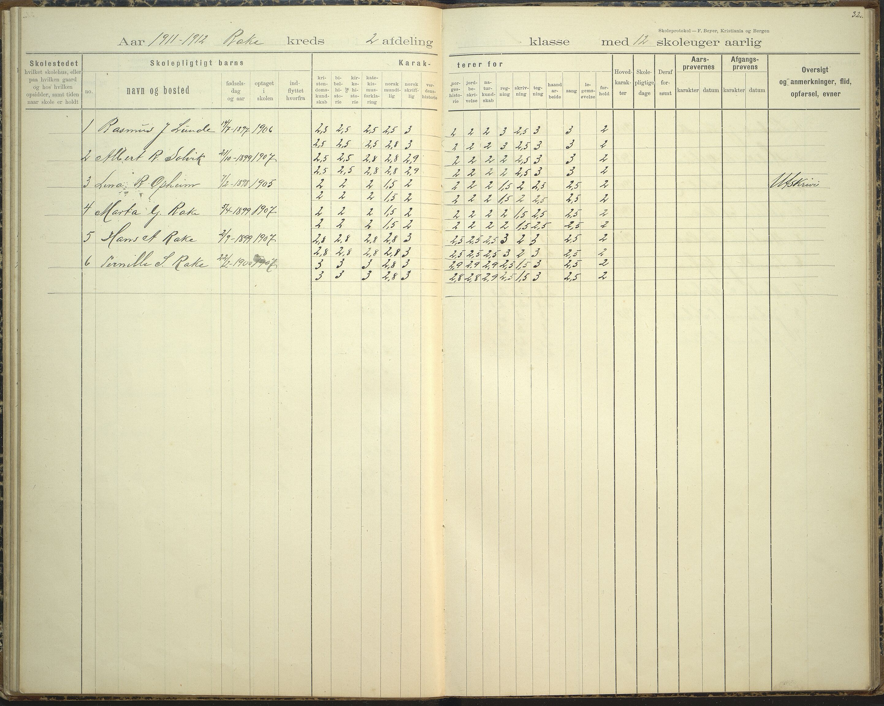 Innvik kommune. Rake skule, VLFK/K-14470.520.23/542/L0002: skuleprotokoll for Rake skule og Skarstein skule, 1895-1912, p. 32