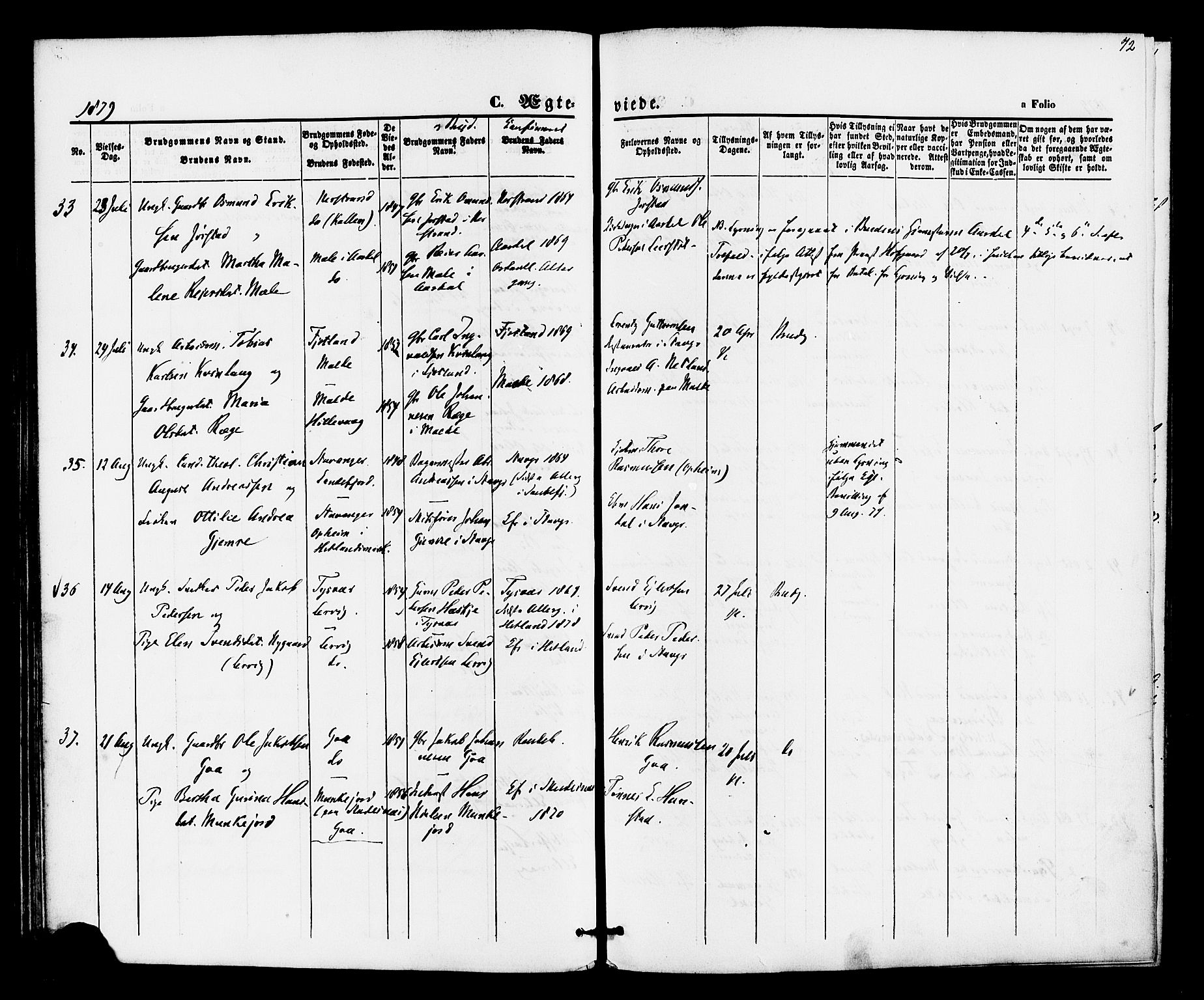 Hetland sokneprestkontor, AV/SAST-A-101826/30/30BA/L0005: Parish register (official) no. A 5, 1869-1884, p. 72