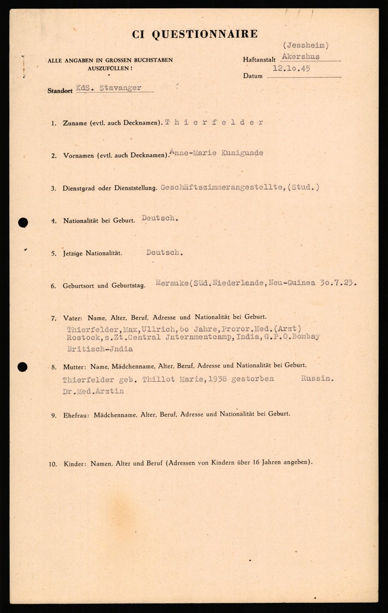 Forsvaret, Forsvarets overkommando II, AV/RA-RAFA-3915/D/Db/L0033: CI Questionaires. Tyske okkupasjonsstyrker i Norge. Tyskere., 1945-1946, p. 456