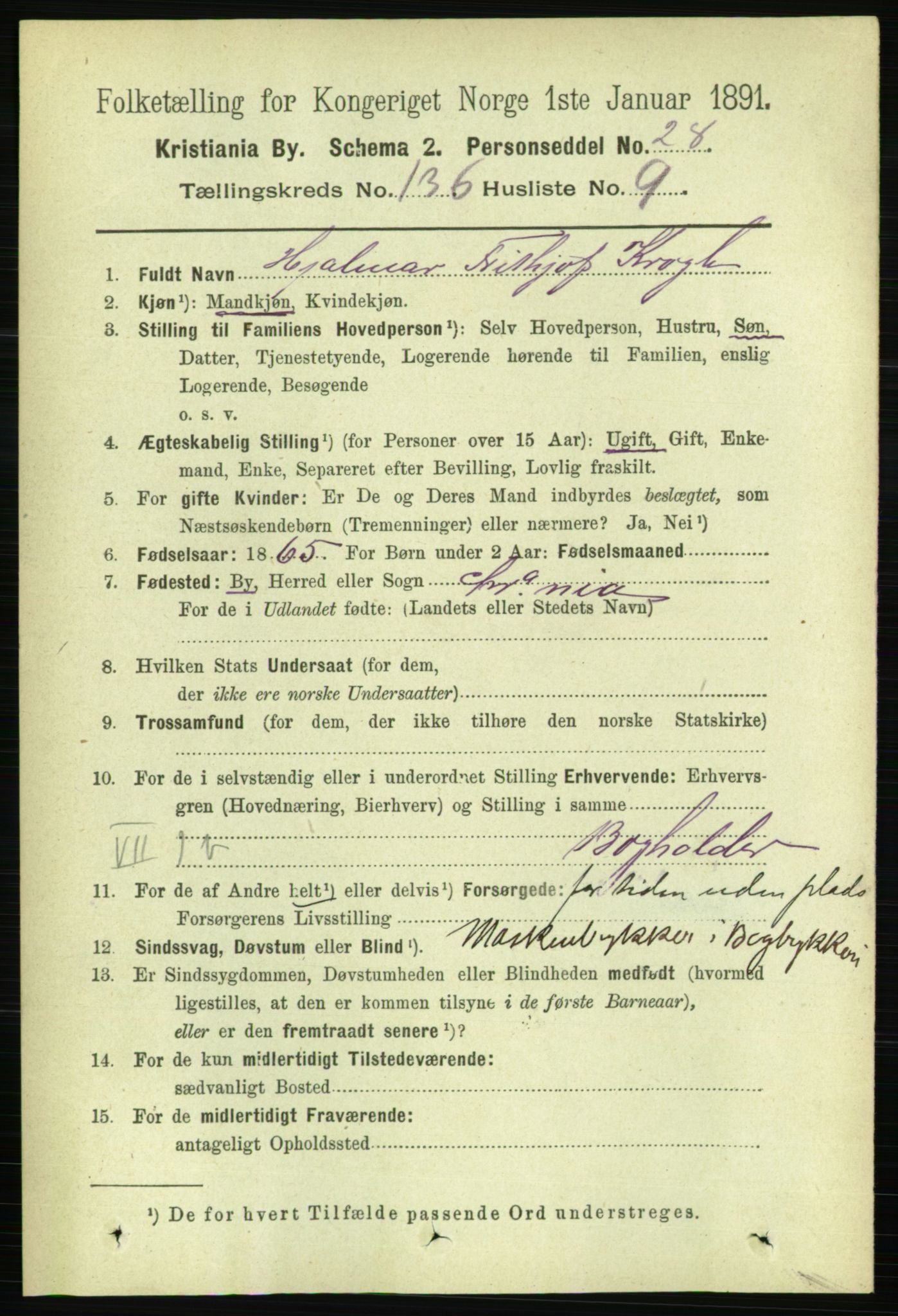 RA, 1891 census for 0301 Kristiania, 1891, p. 75498