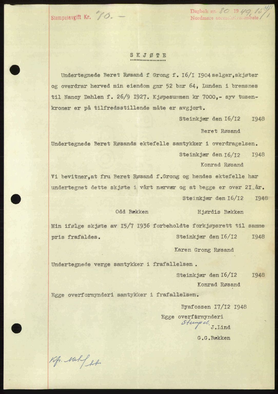 Nordmøre sorenskriveri, AV/SAT-A-4132/1/2/2Ca: Mortgage book no. A110, 1948-1949, Diary no: : 80/1949