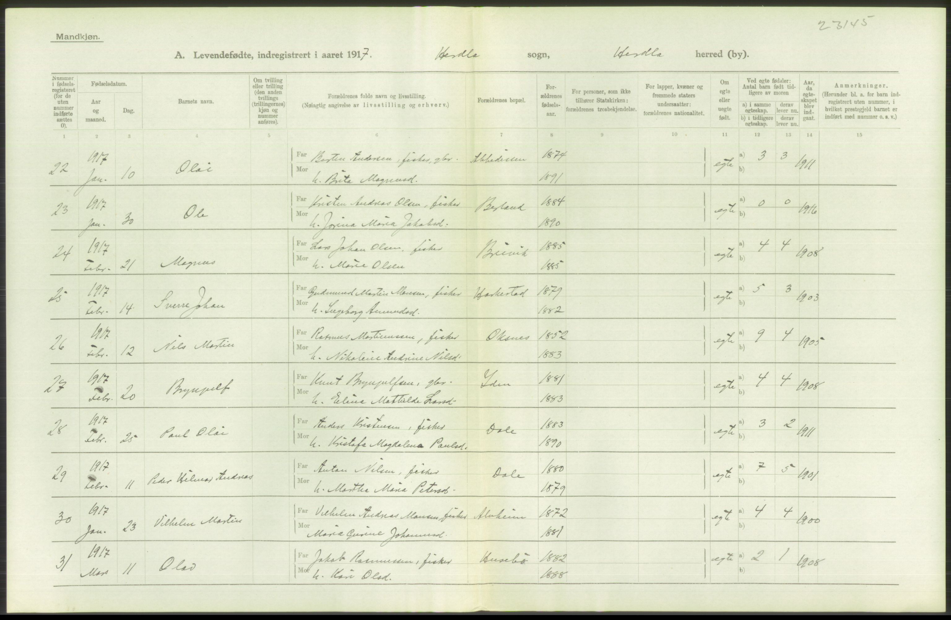 Statistisk sentralbyrå, Sosiodemografiske emner, Befolkning, RA/S-2228/D/Df/Dfb/Dfbg/L0034: S. Bergenhus amt: Levendefødte menn og kvinner. Bygder., 1917, p. 114