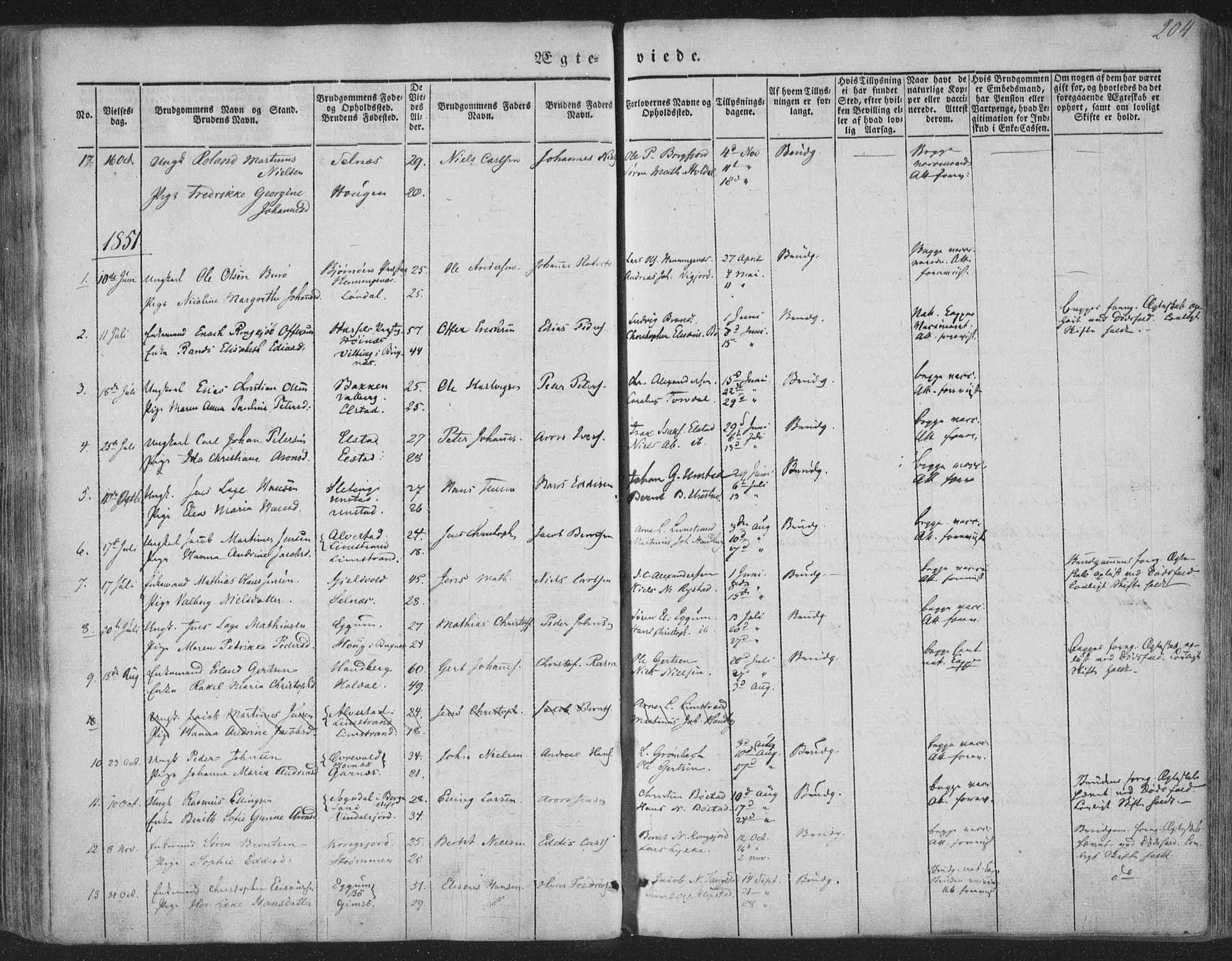 Ministerialprotokoller, klokkerbøker og fødselsregistre - Nordland, AV/SAT-A-1459/880/L1131: Parish register (official) no. 880A05, 1844-1868, p. 204