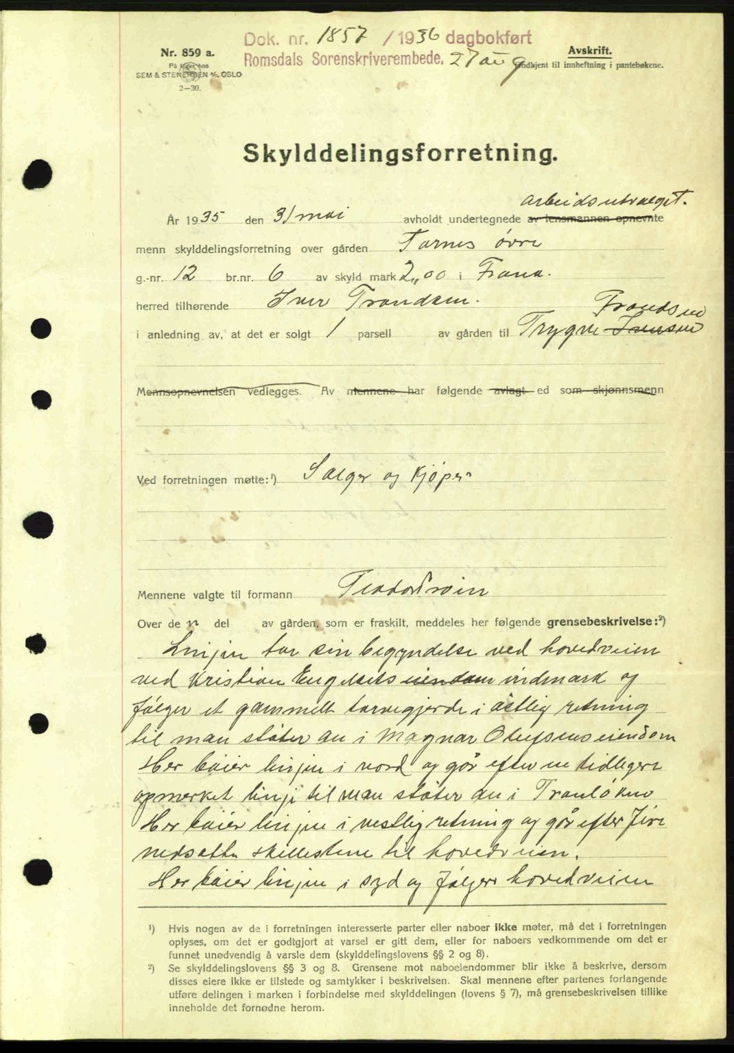 Romsdal sorenskriveri, AV/SAT-A-4149/1/2/2C: Mortgage book no. A1, 1936-1936, Diary no: : 1857/1936