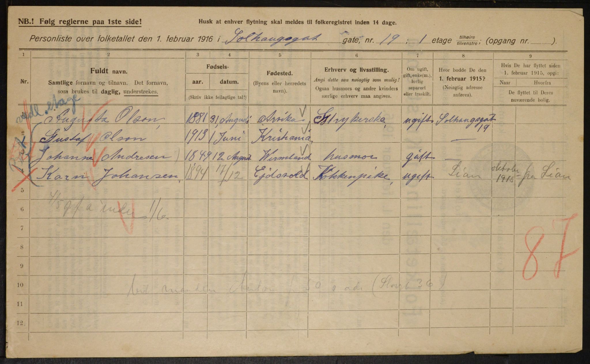 OBA, Municipal Census 1916 for Kristiania, 1916, p. 102008