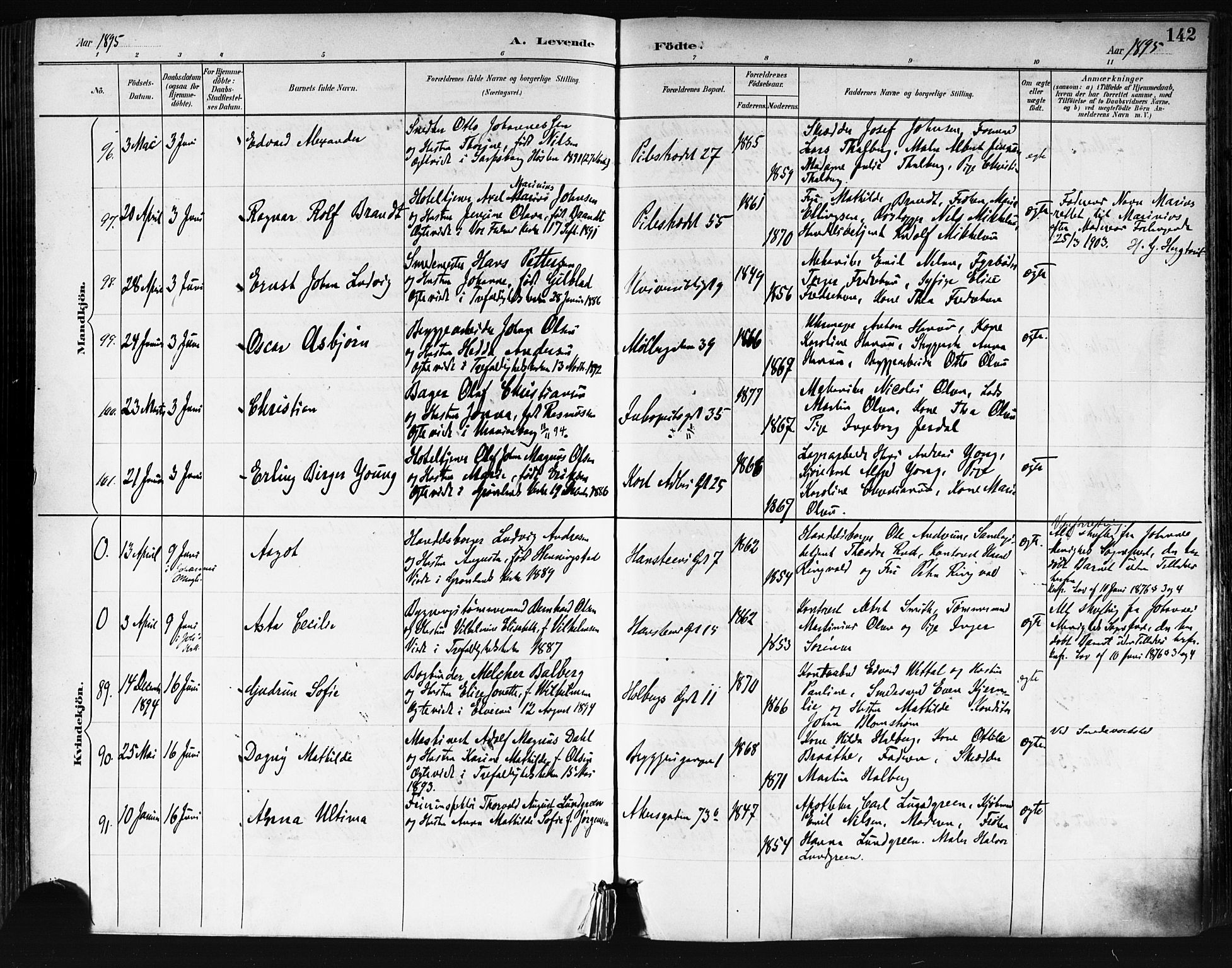 Trefoldighet prestekontor Kirkebøker, SAO/A-10882/F/Fa/L0006: Parish register (official) no. I 6, 1891-1899, p. 142