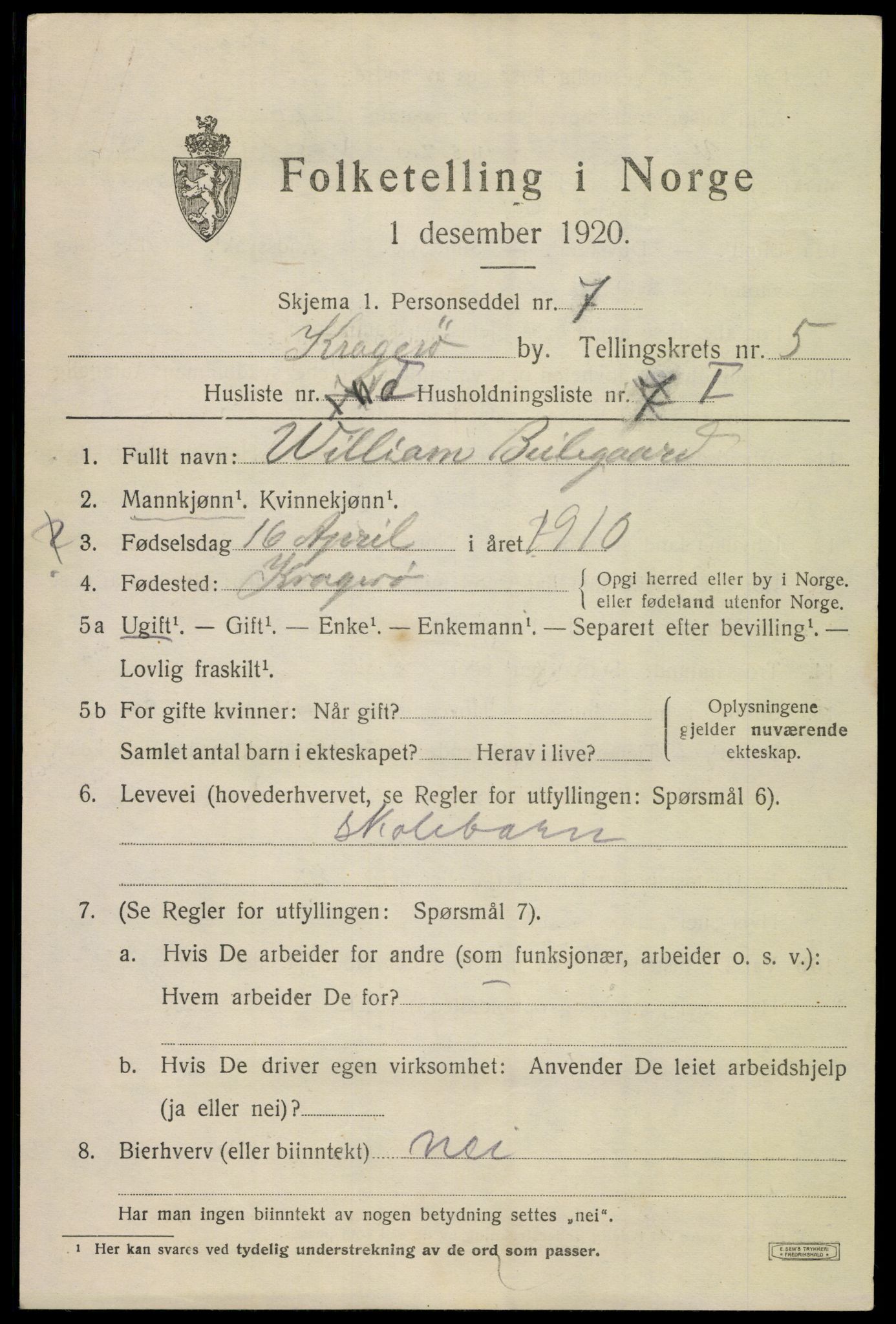 SAKO, 1920 census for Kragerø, 1920, p. 8239