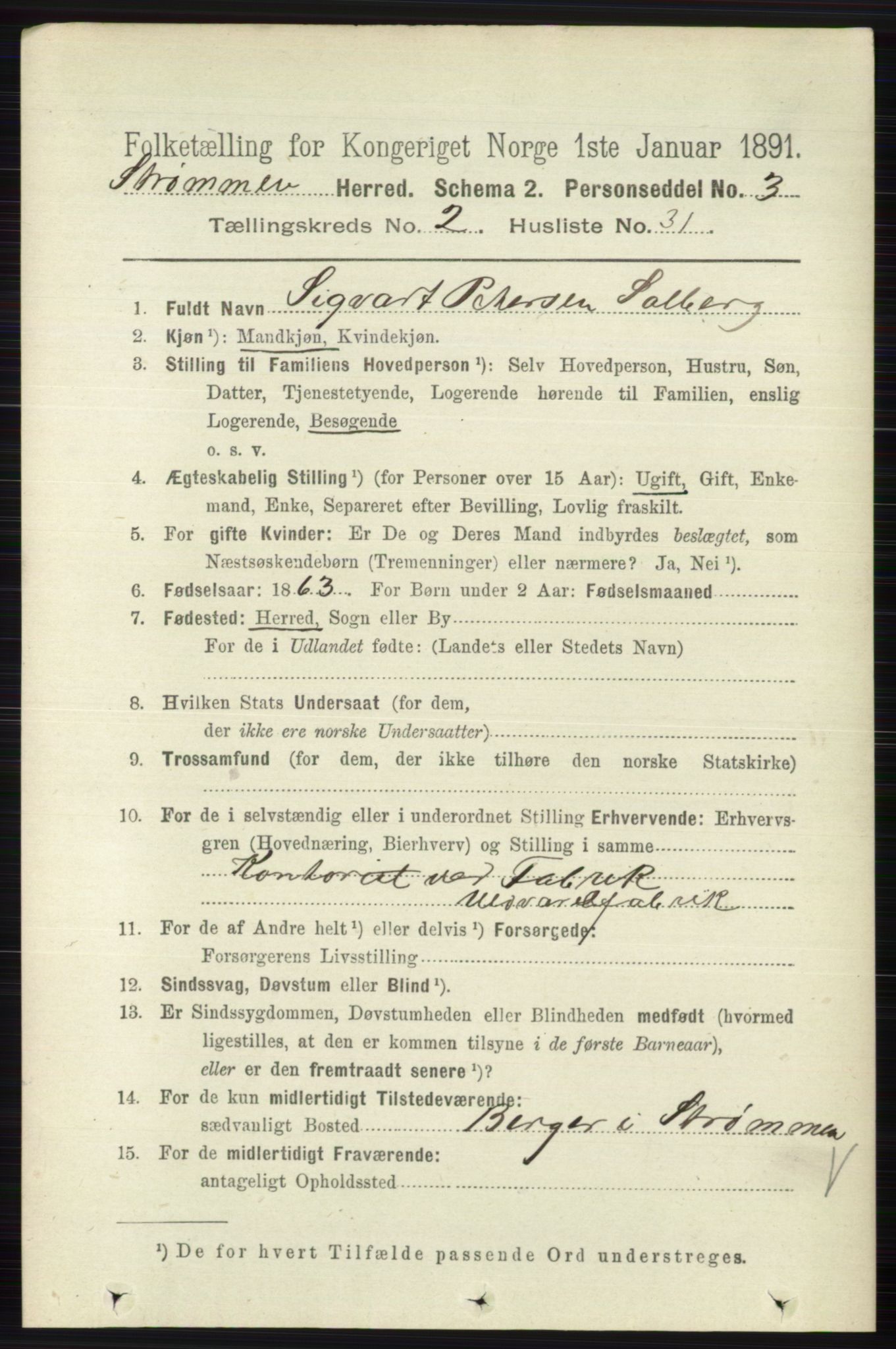 RA, 1891 census for 0711 Strømm, 1891, p. 874