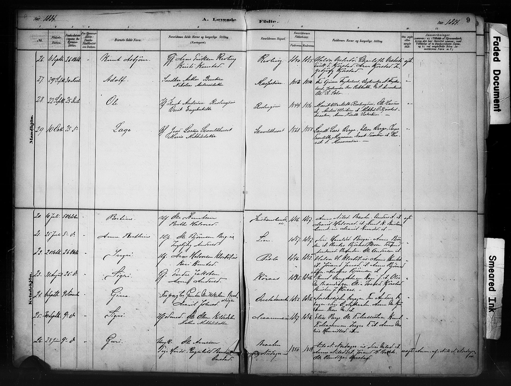 Nord-Aurdal prestekontor, AV/SAH-PREST-132/H/Ha/Haa/L0013: Parish register (official) no. 13, 1883-1895, p. 9