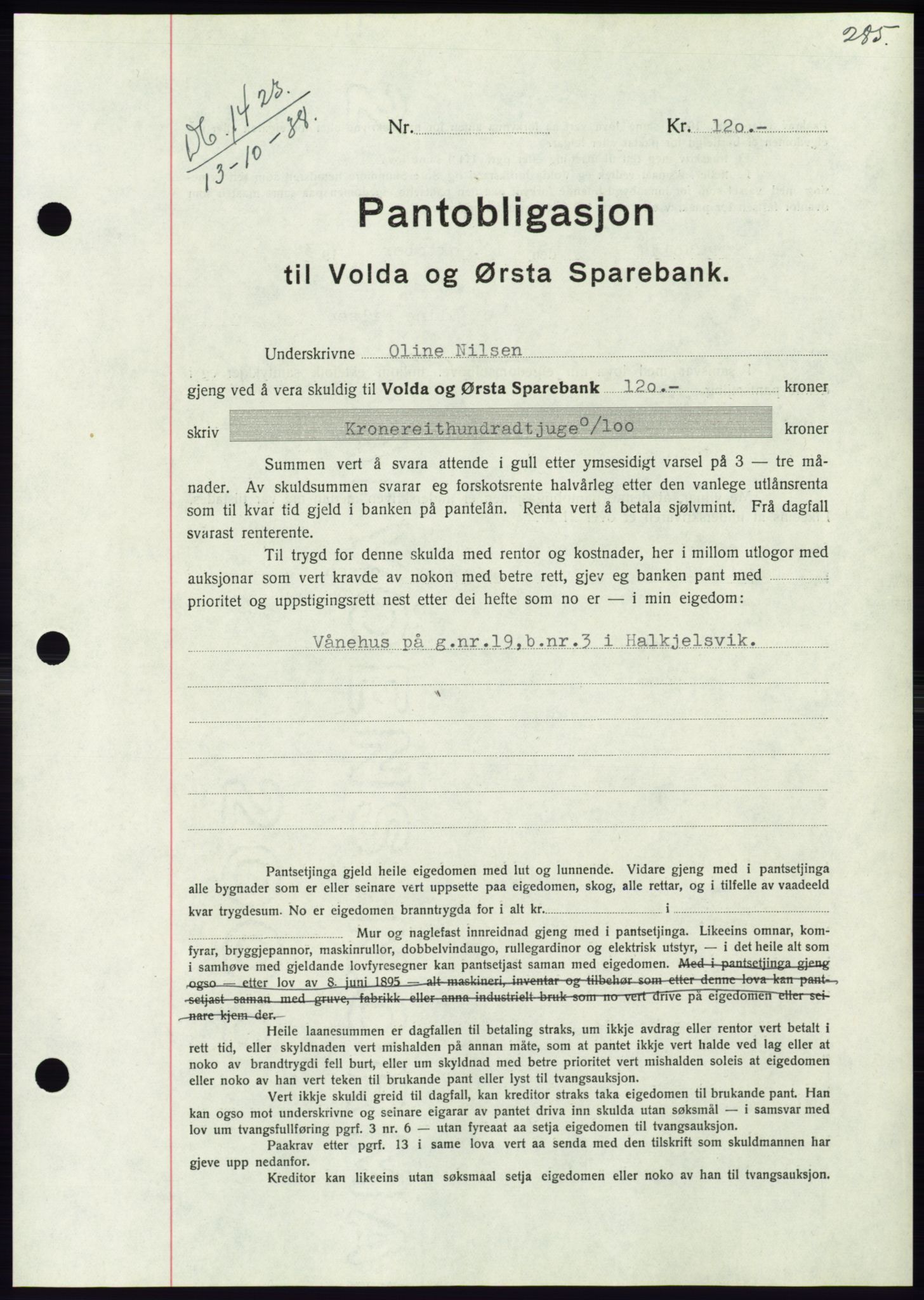 Søre Sunnmøre sorenskriveri, AV/SAT-A-4122/1/2/2C/L0066: Mortgage book no. 60, 1938-1938, Diary no: : 1423/1938