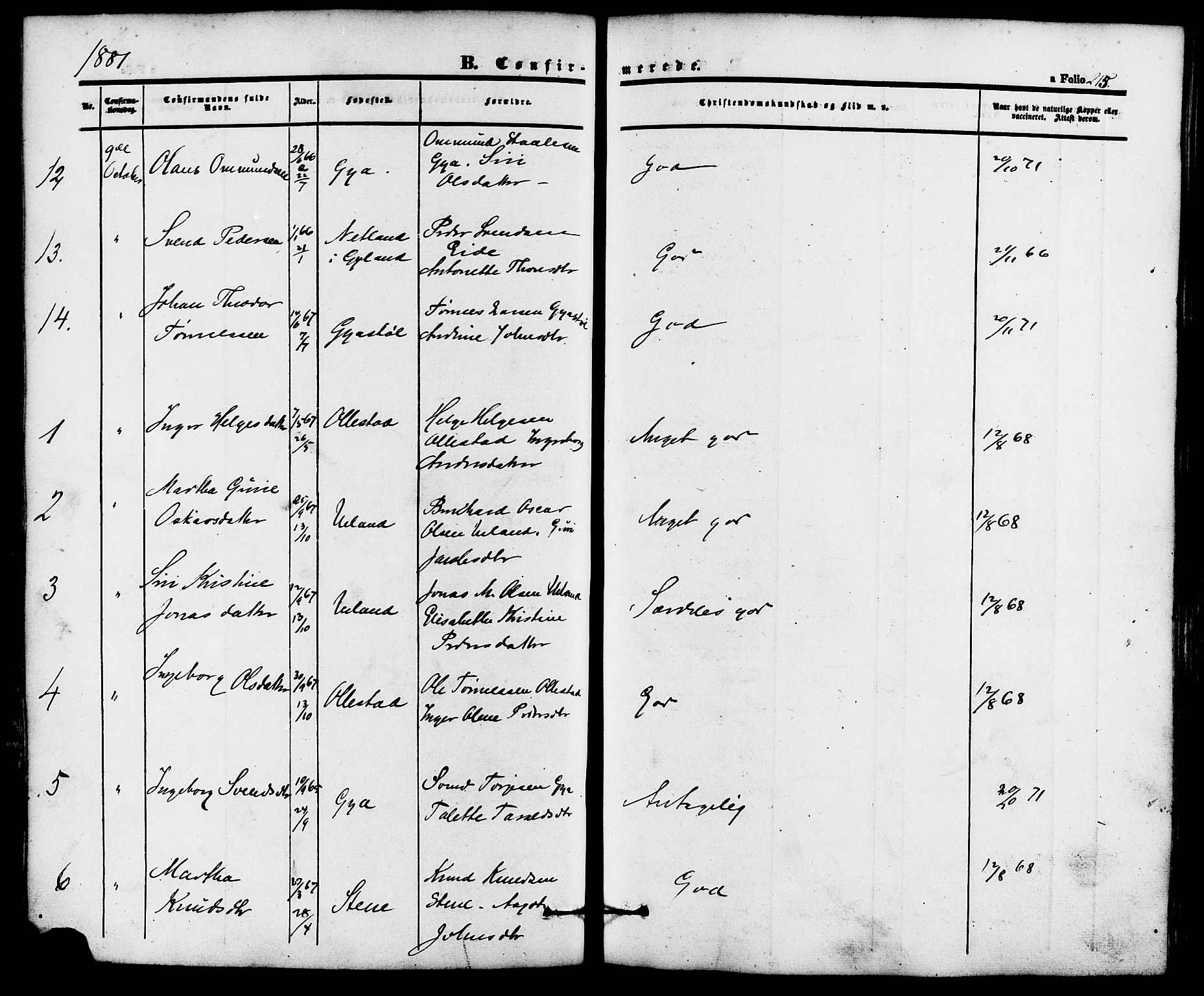 Lund sokneprestkontor, AV/SAST-A-101809/S06/L0010: Parish register (official) no. A 9, 1854-1886, p. 215