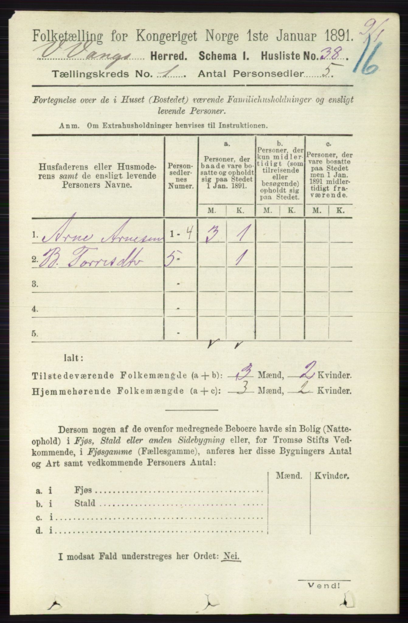 RA, 1891 census for 0545 Vang, 1891, p. 68