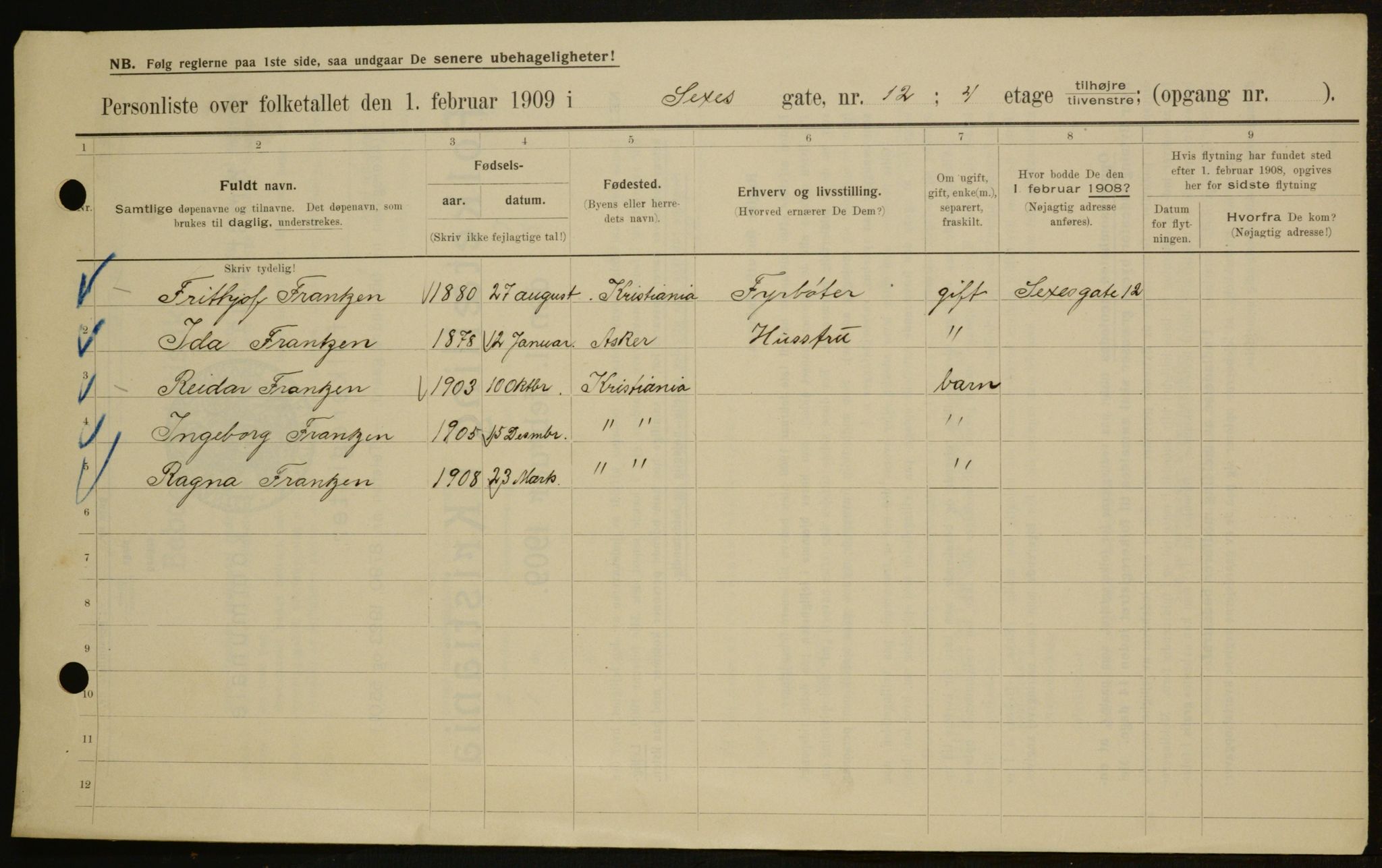 OBA, Municipal Census 1909 for Kristiania, 1909, p. 86025