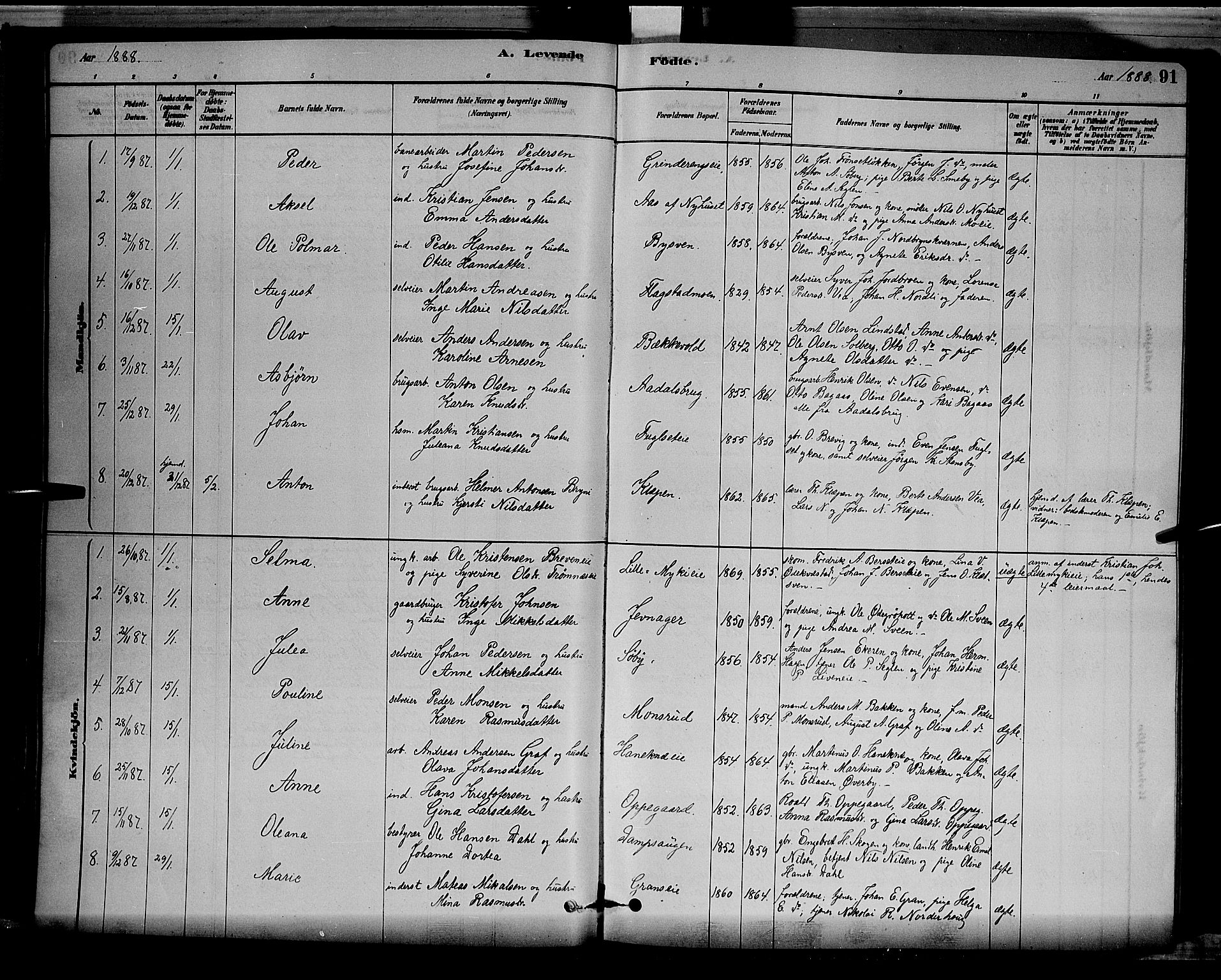 Løten prestekontor, SAH/PREST-022/L/La/L0005: Parish register (copy) no. 5, 1878-1891, p. 91