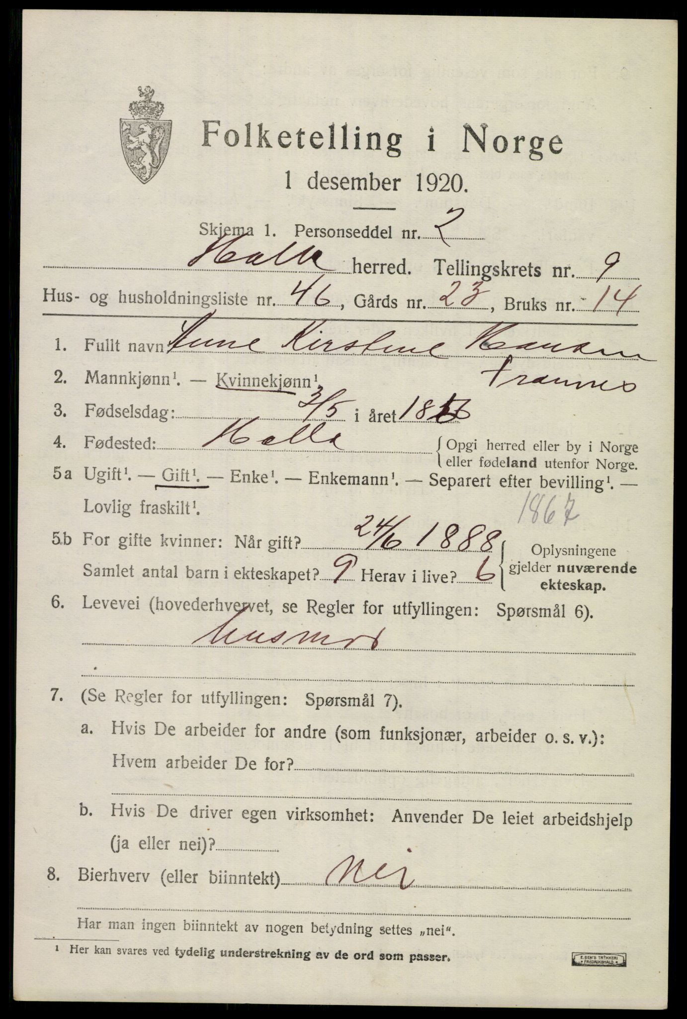 SAKO, 1920 census for Holla, 1920, p. 6017