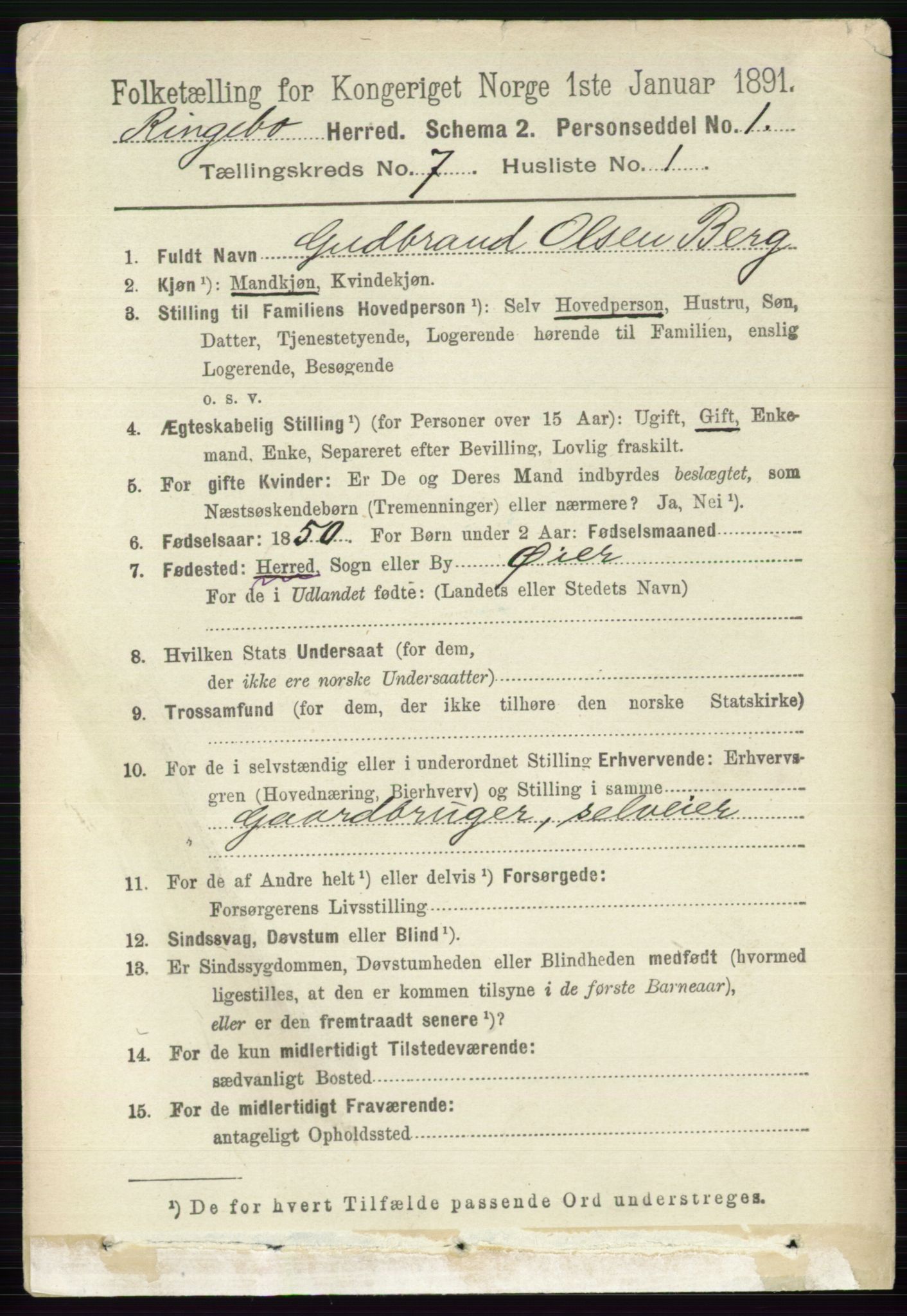 RA, 1891 census for 0520 Ringebu, 1891, p. 3035