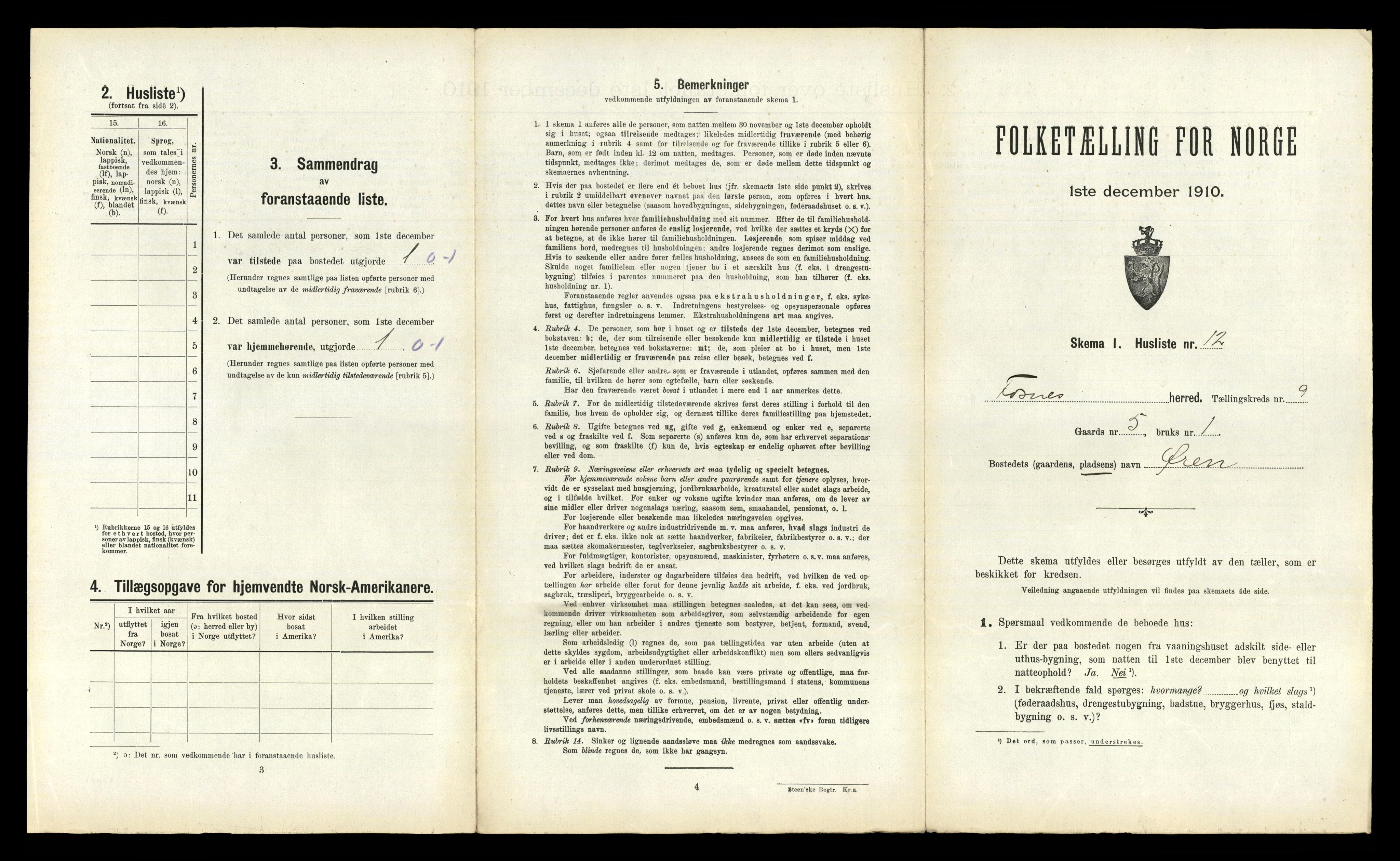 RA, 1910 census for Fosnes, 1910, p. 645