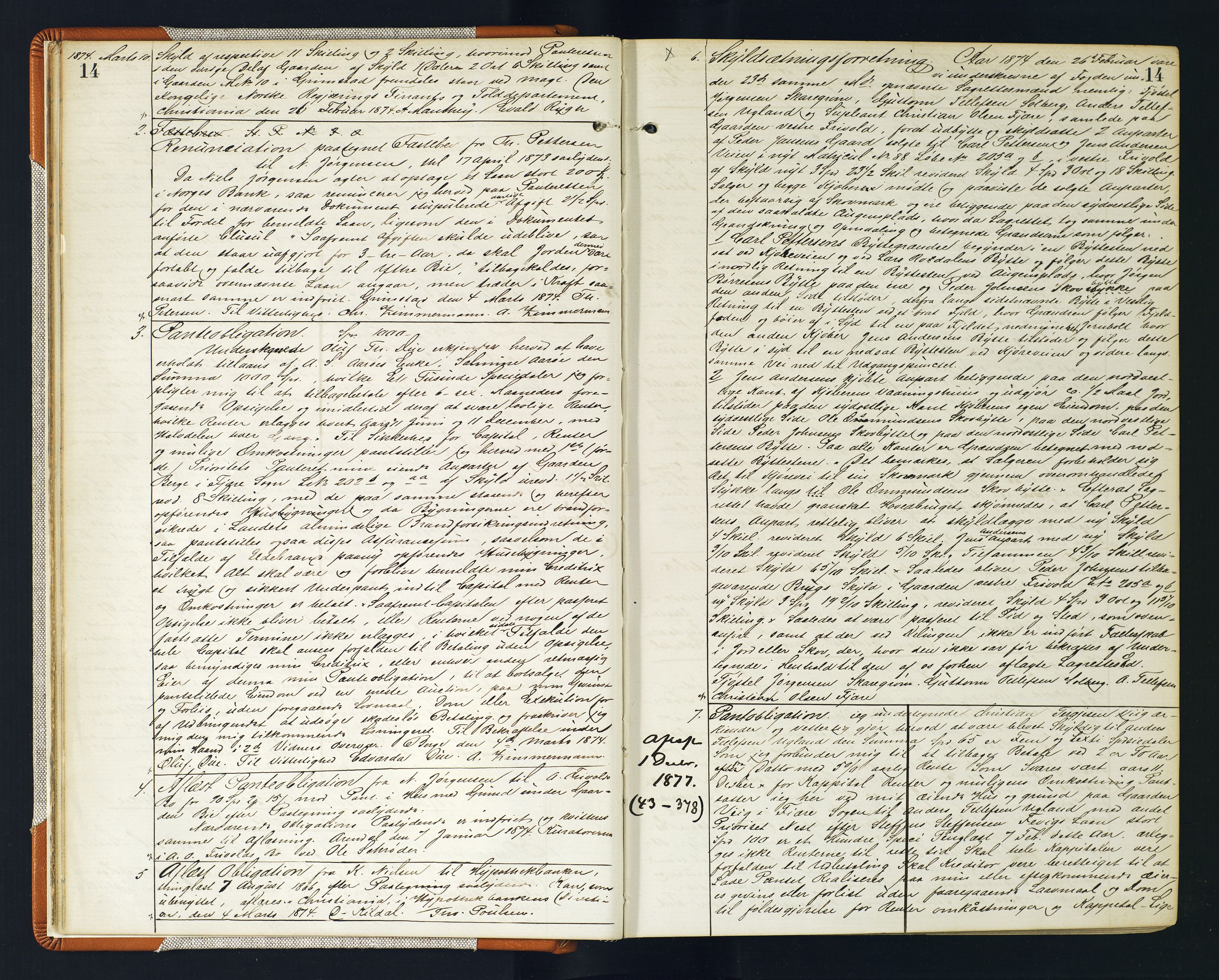 Vestre Nedenes/Sand sorenskriveri, AV/SAK-1221-0010/G/Gb/Gba/L0017: Mortgage book no. 43, 1874-1878, p. 14