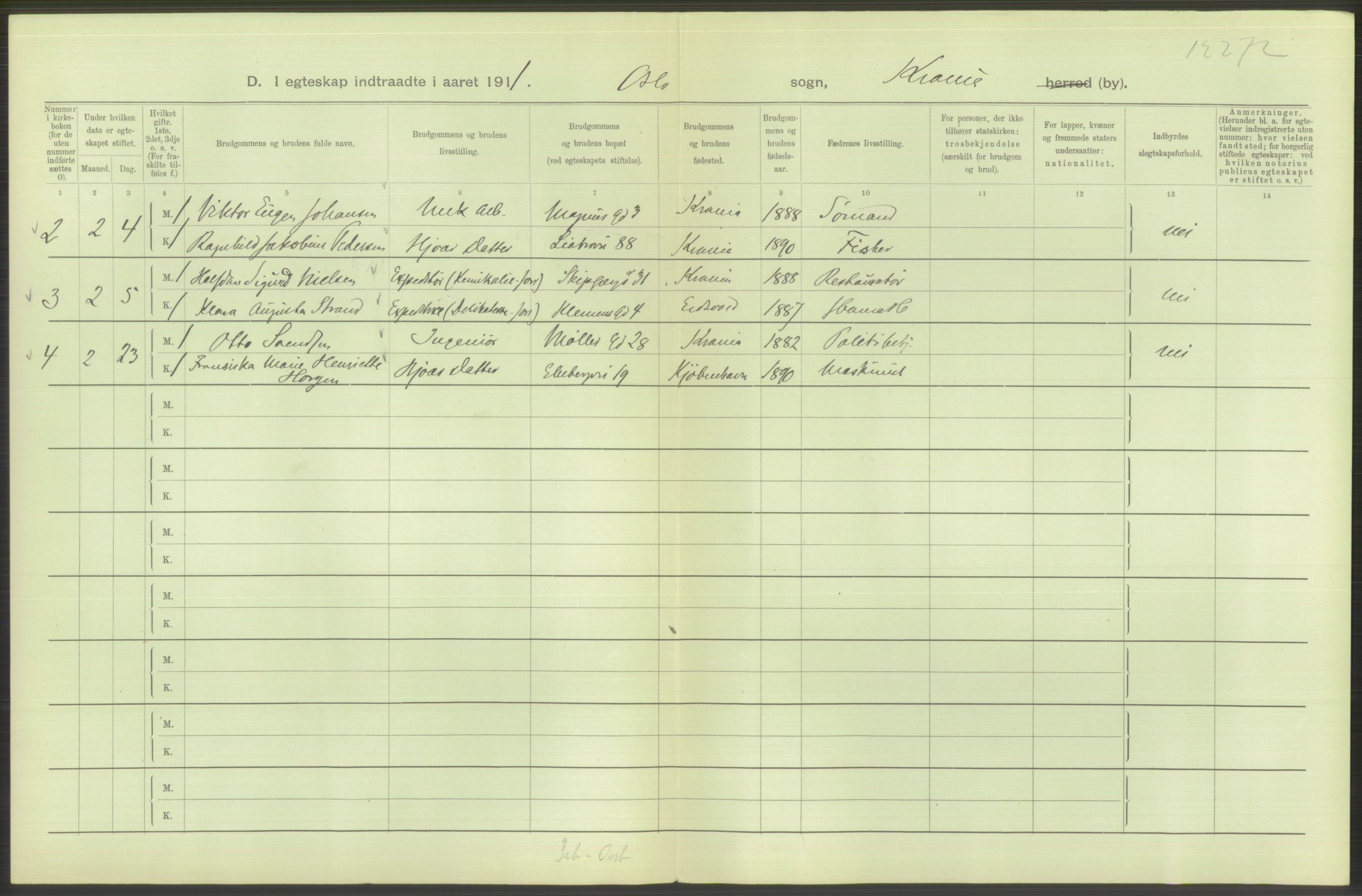 Statistisk sentralbyrå, Sosiodemografiske emner, Befolkning, AV/RA-S-2228/D/Df/Dfb/Dfba/L0008: Kristiania: Gifte, 1911, p. 190