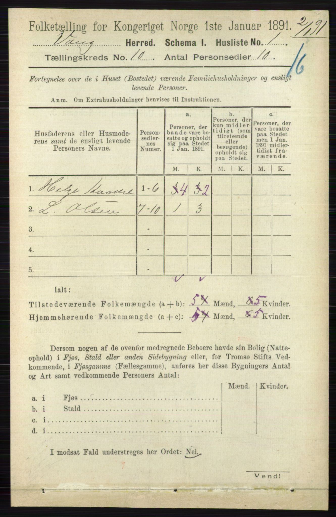 RA, 1891 census for 0545 Vang, 1891, p. 2146