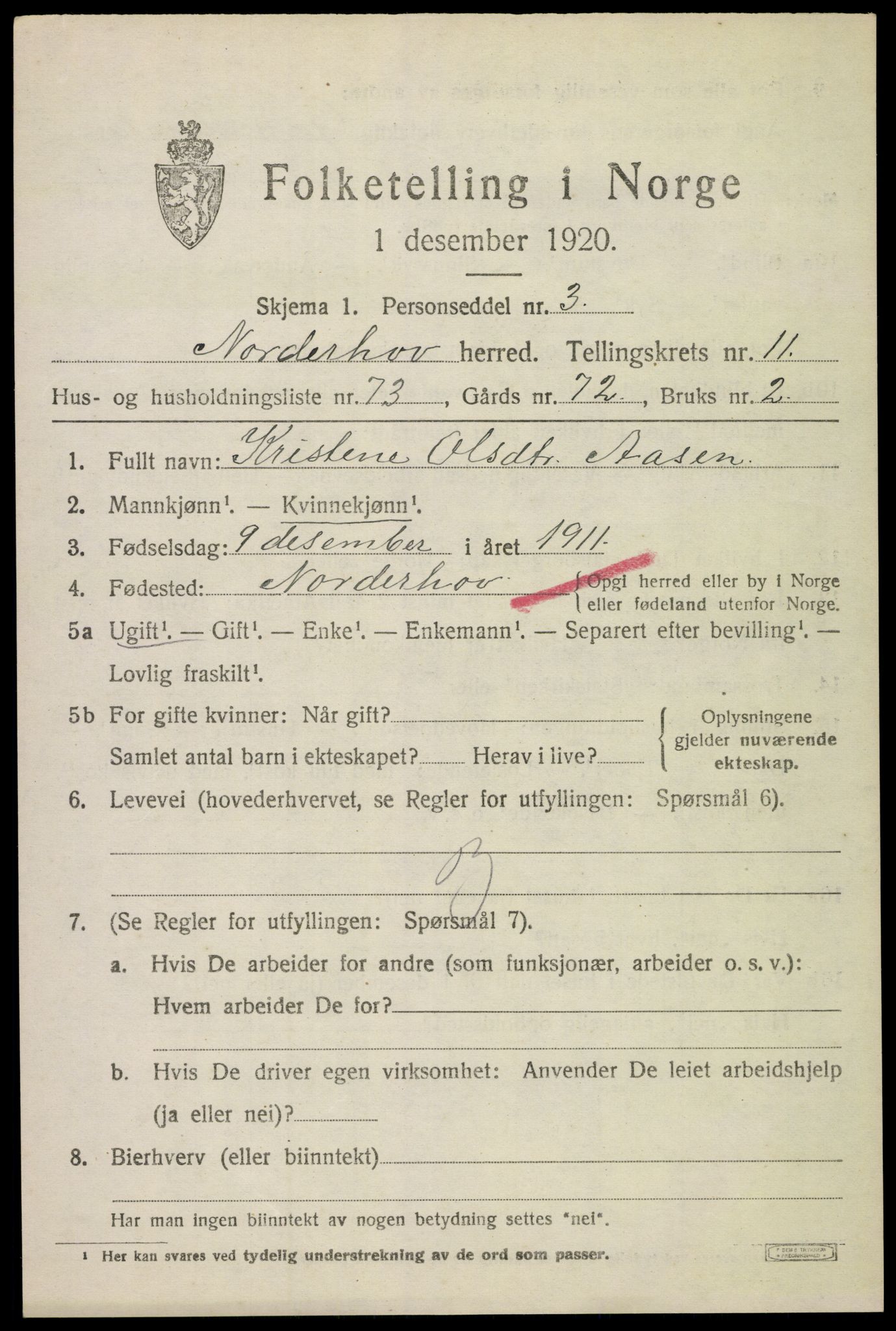 SAKO, 1920 census for Norderhov, 1920, p. 13612