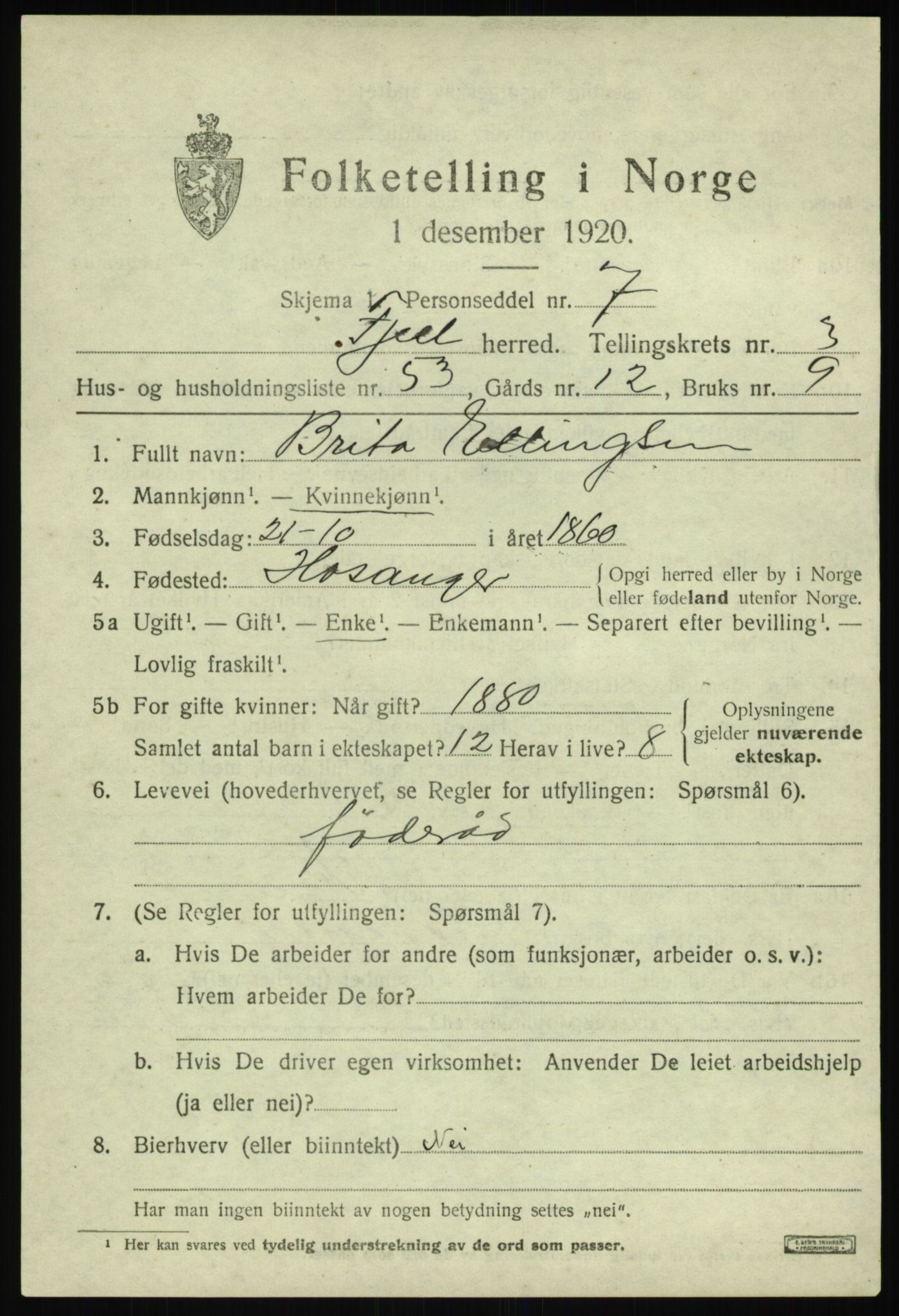 SAB, 1920 census for Fjell, 1920, p. 3668
