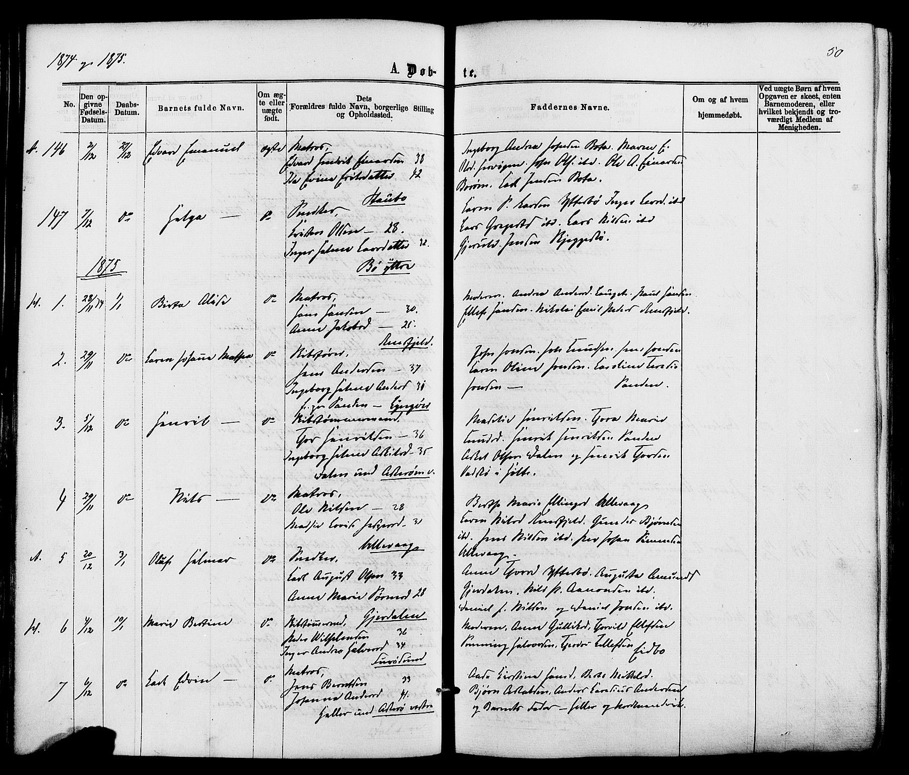Dypvåg sokneprestkontor, SAK/1111-0007/F/Fa/Faa/L0007: Parish register (official) no. A 7/ 1, 1872-1884, p. 50