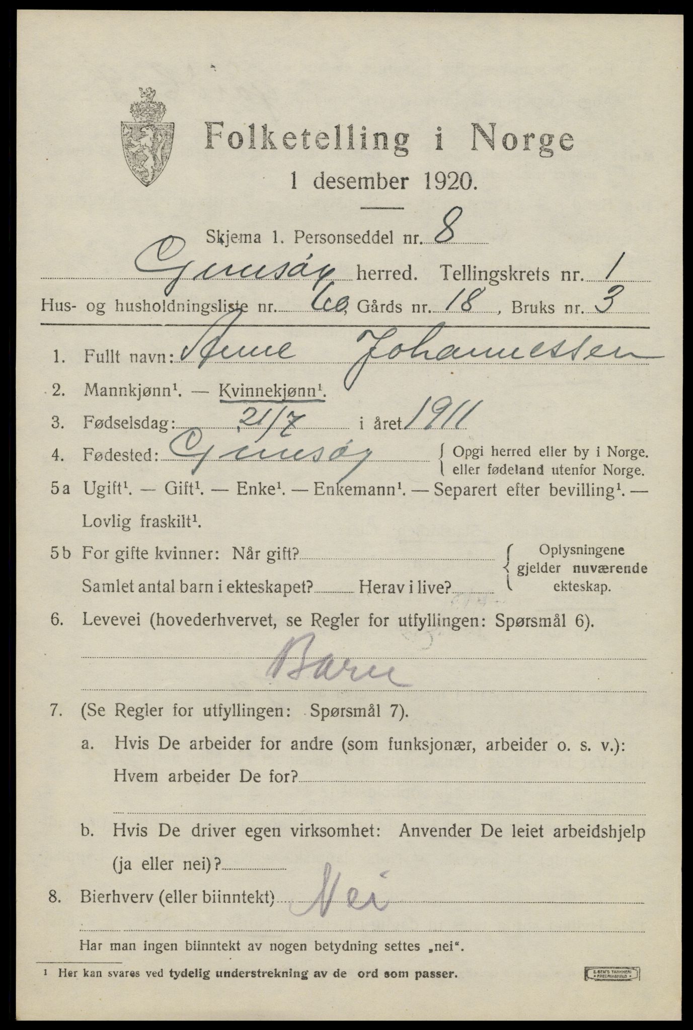 SAT, 1920 census for Gimsøy, 1920, p. 1261