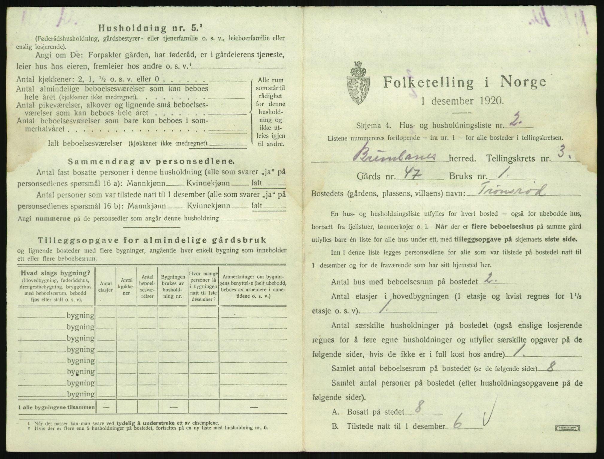 SAKO, 1920 census for Brunlanes, 1920, p. 497