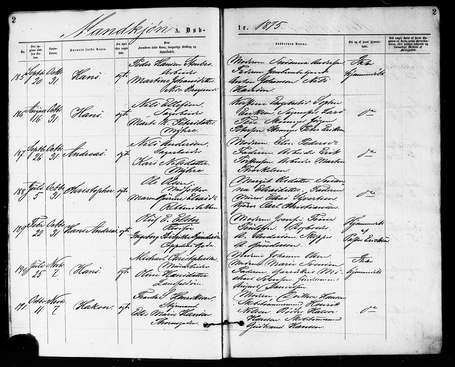 Bragernes kirkebøker, AV/SAKO-A-6/F/Fb/L0005: Parish register (official) no. II 5, 1875-1877, p. 2