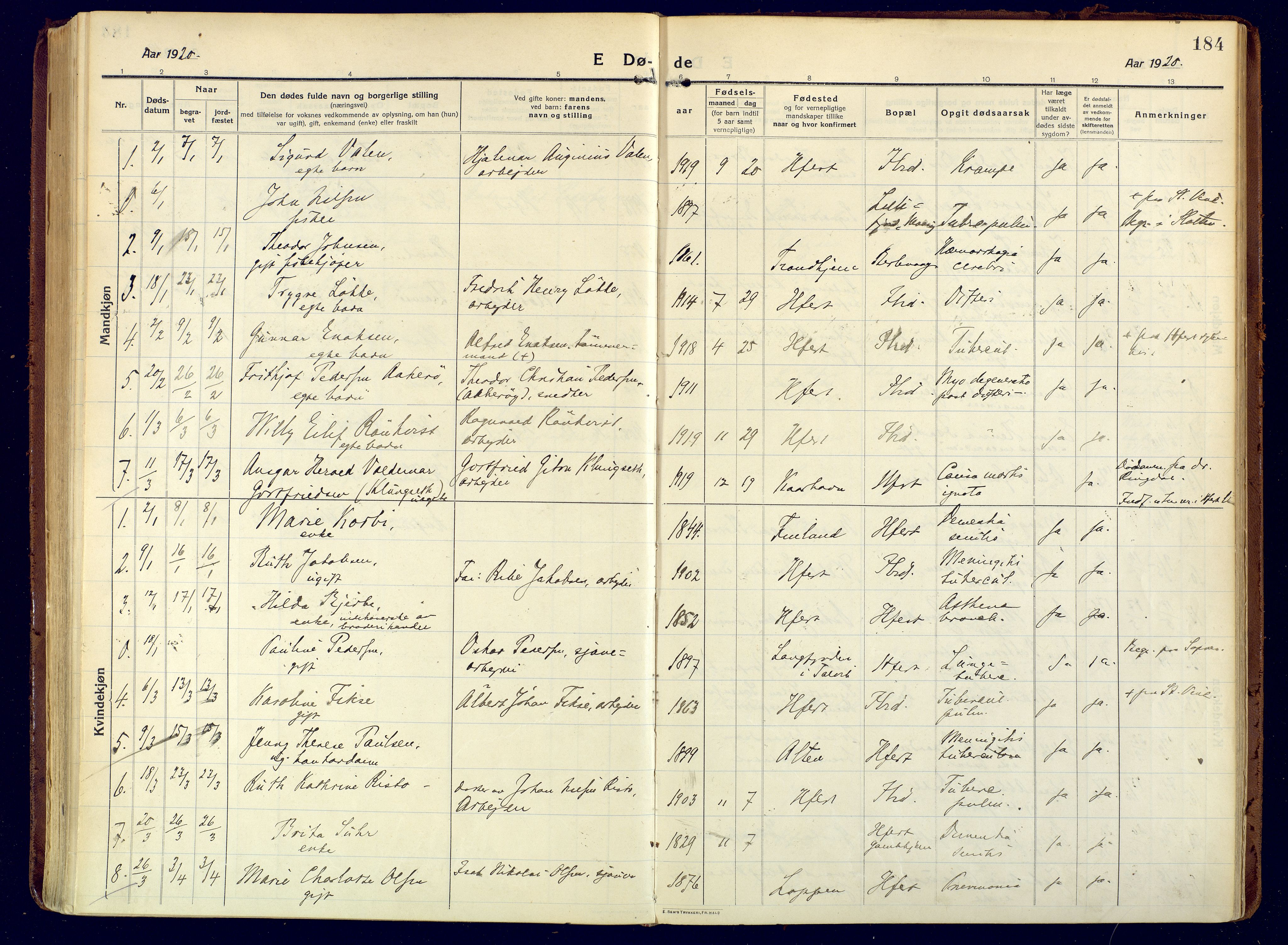 Hammerfest sokneprestkontor, SATØ/S-1347/H/Ha/L0015.kirke: Parish register (official) no. 15, 1916-1923, p. 184