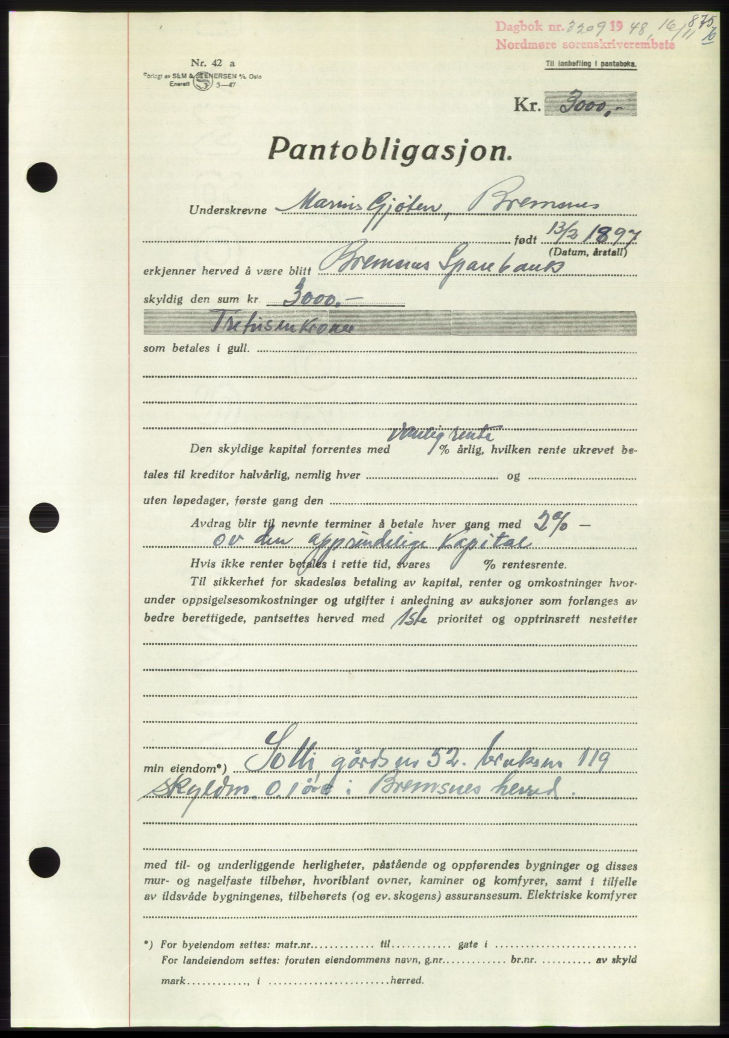 Nordmøre sorenskriveri, AV/SAT-A-4132/1/2/2Ca: Mortgage book no. B100, 1948-1949, Diary no: : 3209/1948