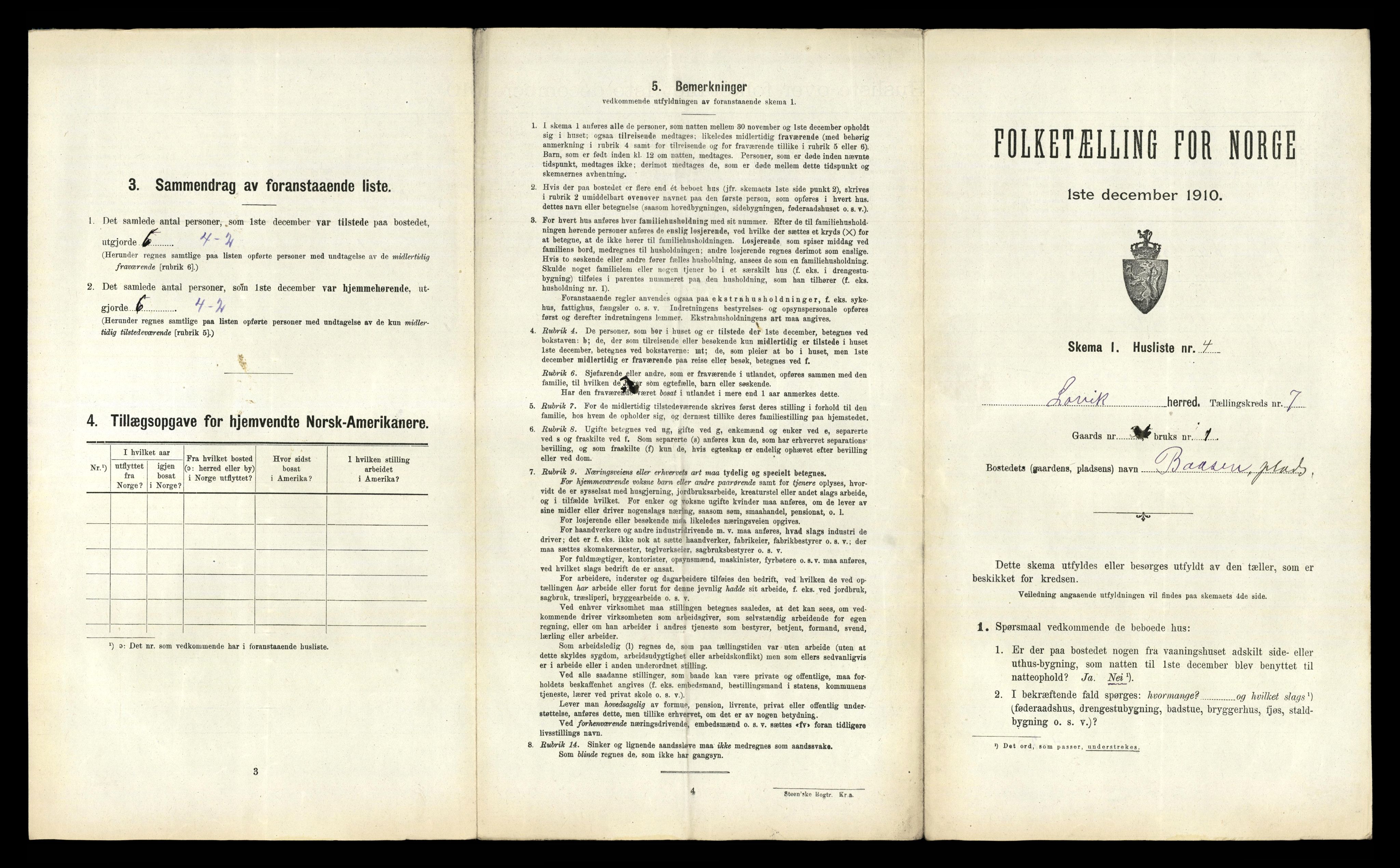 RA, 1910 census for Lavik, 1910, p. 313