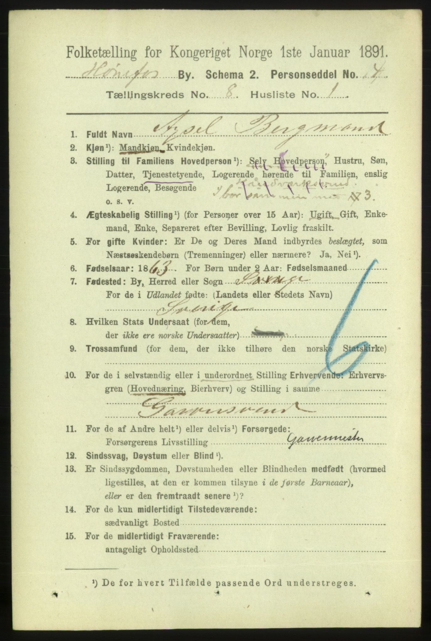 RA, 1891 census for 0601 Hønefoss, 1891, p. 1249