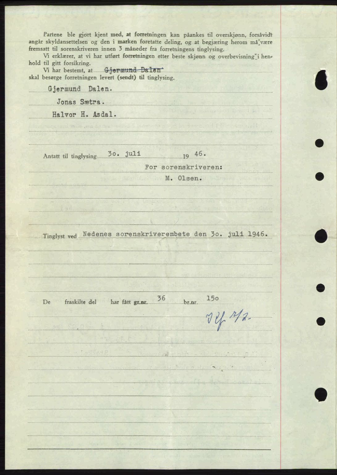 Nedenes sorenskriveri, AV/SAK-1221-0006/G/Gb/Gba/L0055: Mortgage book no. A7, 1946-1946, Diary no: : 843/1946